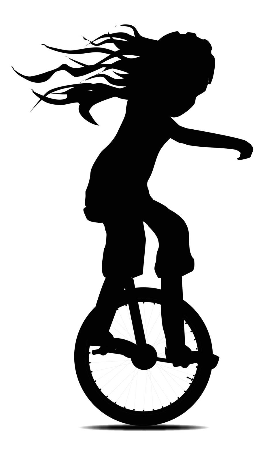 Silhouette of a little girl on a unicycle isolated over a white background