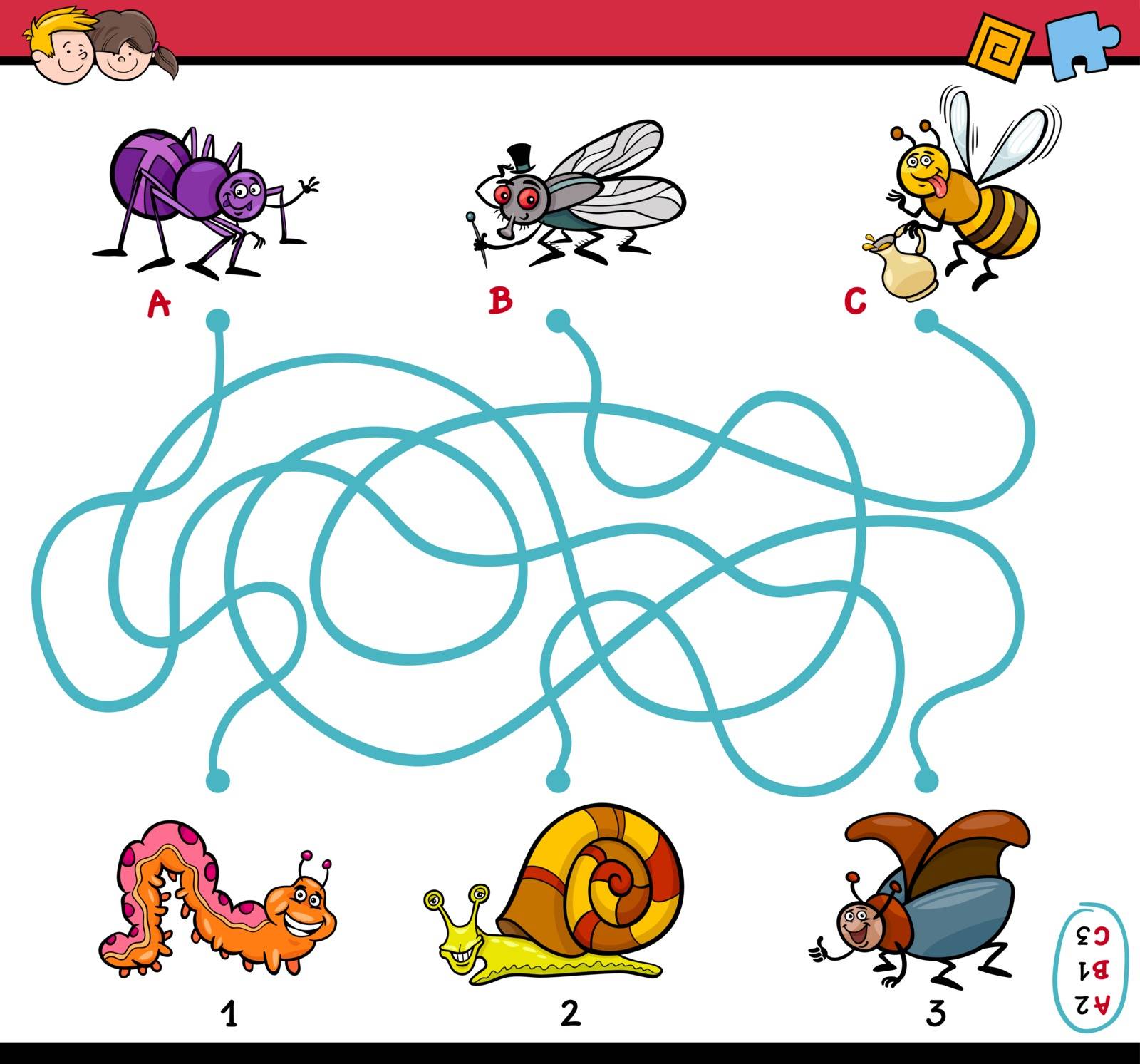 Cartoon Illustration of Educational Paths or Maze Puzzle Task for Preschool Children with Insect Characters