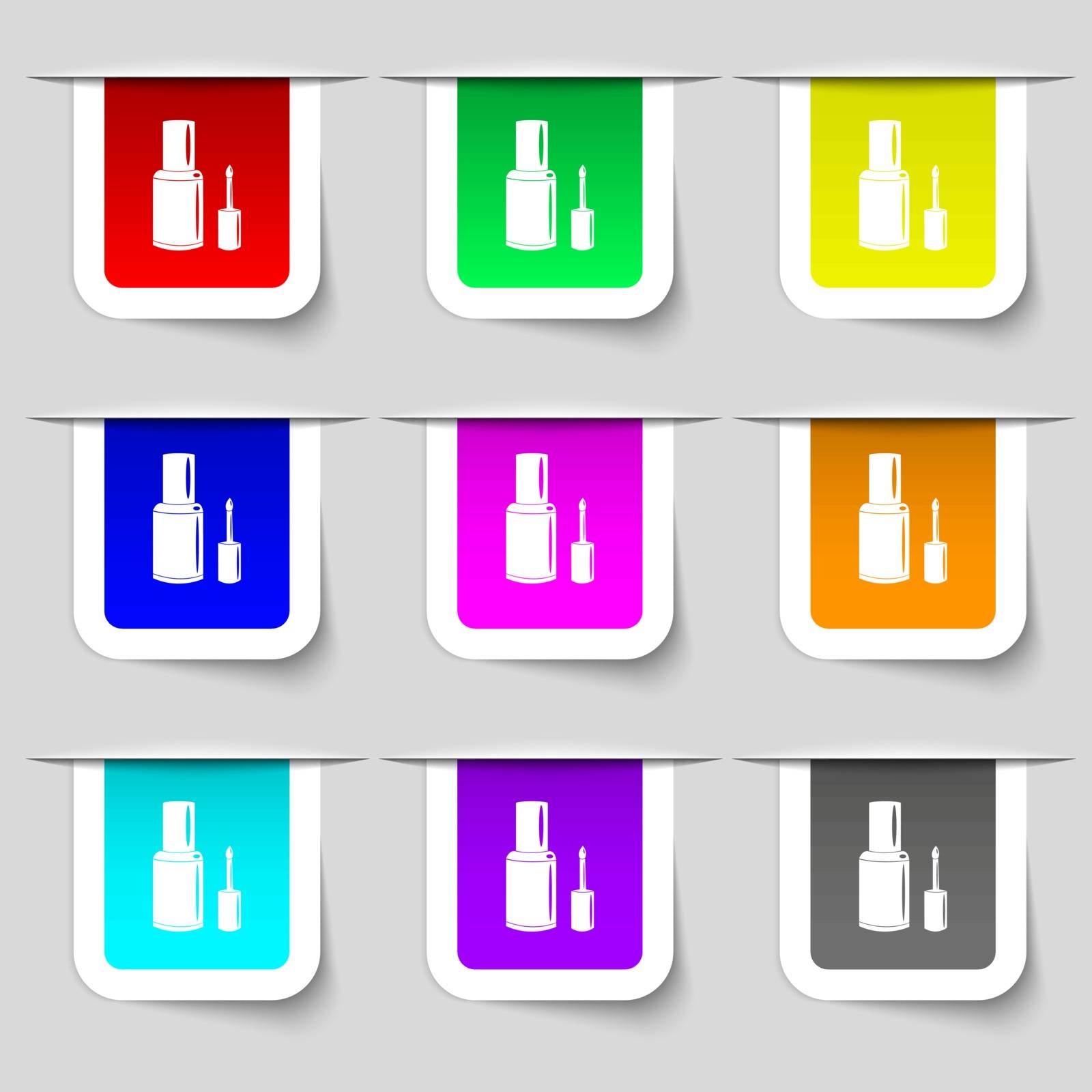 NAIL POLISH BOTTLE icon sign. Set of multicolored modern labels for your design. Vector illustration