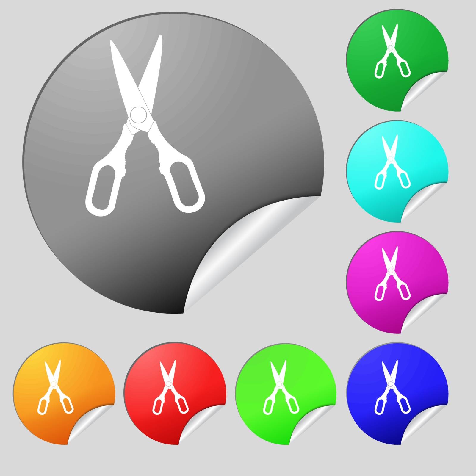 Scissors icon sign. Set of eight multi colored round buttons, stickers. Vector by serhii_lohvyniuk
