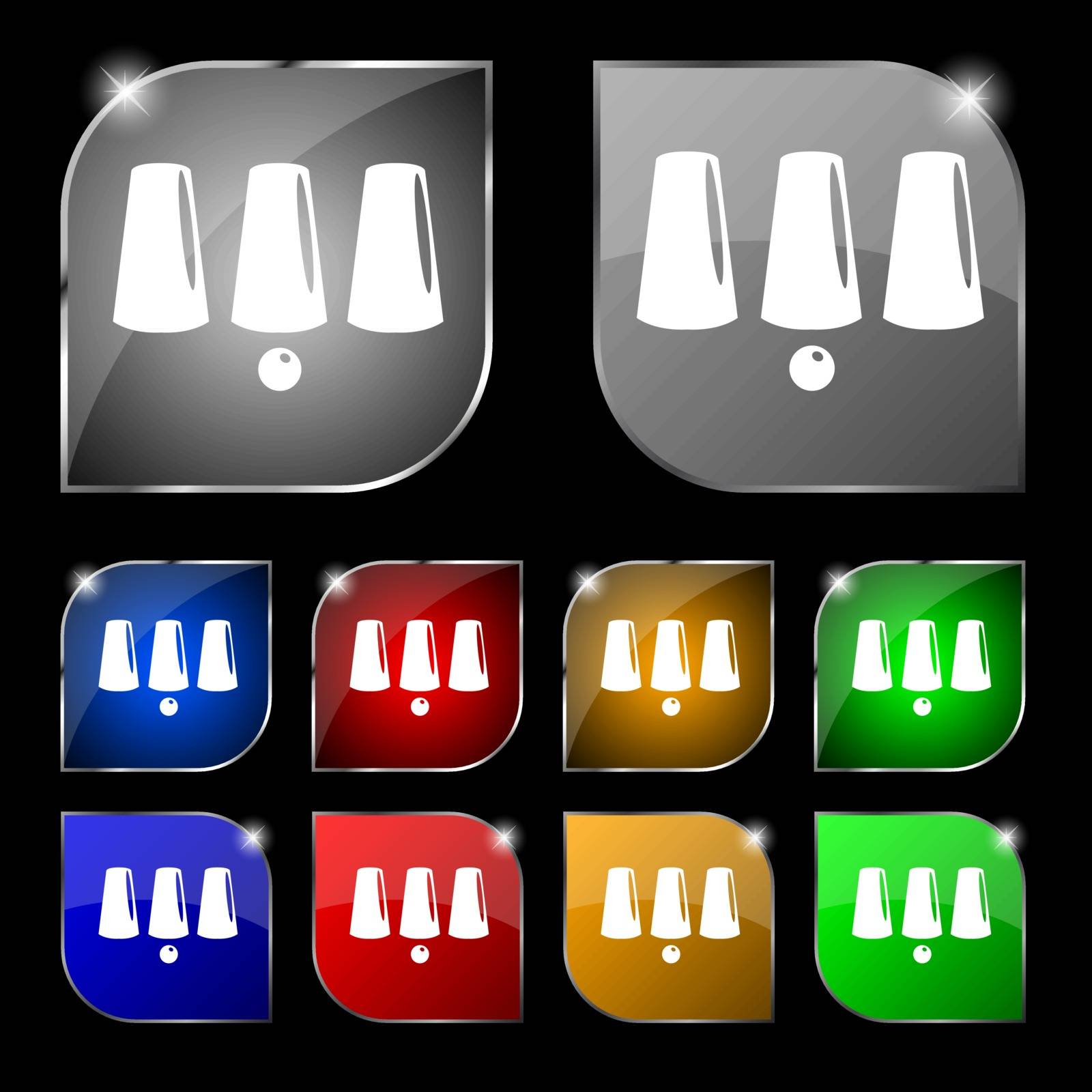 Three game thimbles with a ball, games 3 cups icon sign. Set of ten colorful buttons with glare. Vector illustration