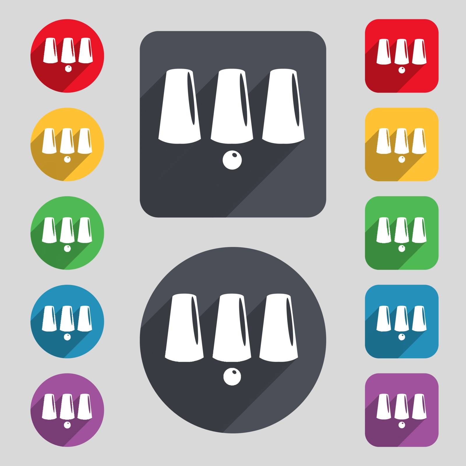 Three game thimbles with a ball, games 3 cups icon sign. A set of 12 colored buttons and a long shadow. Flat design. Vector by serhii_lohvyniuk