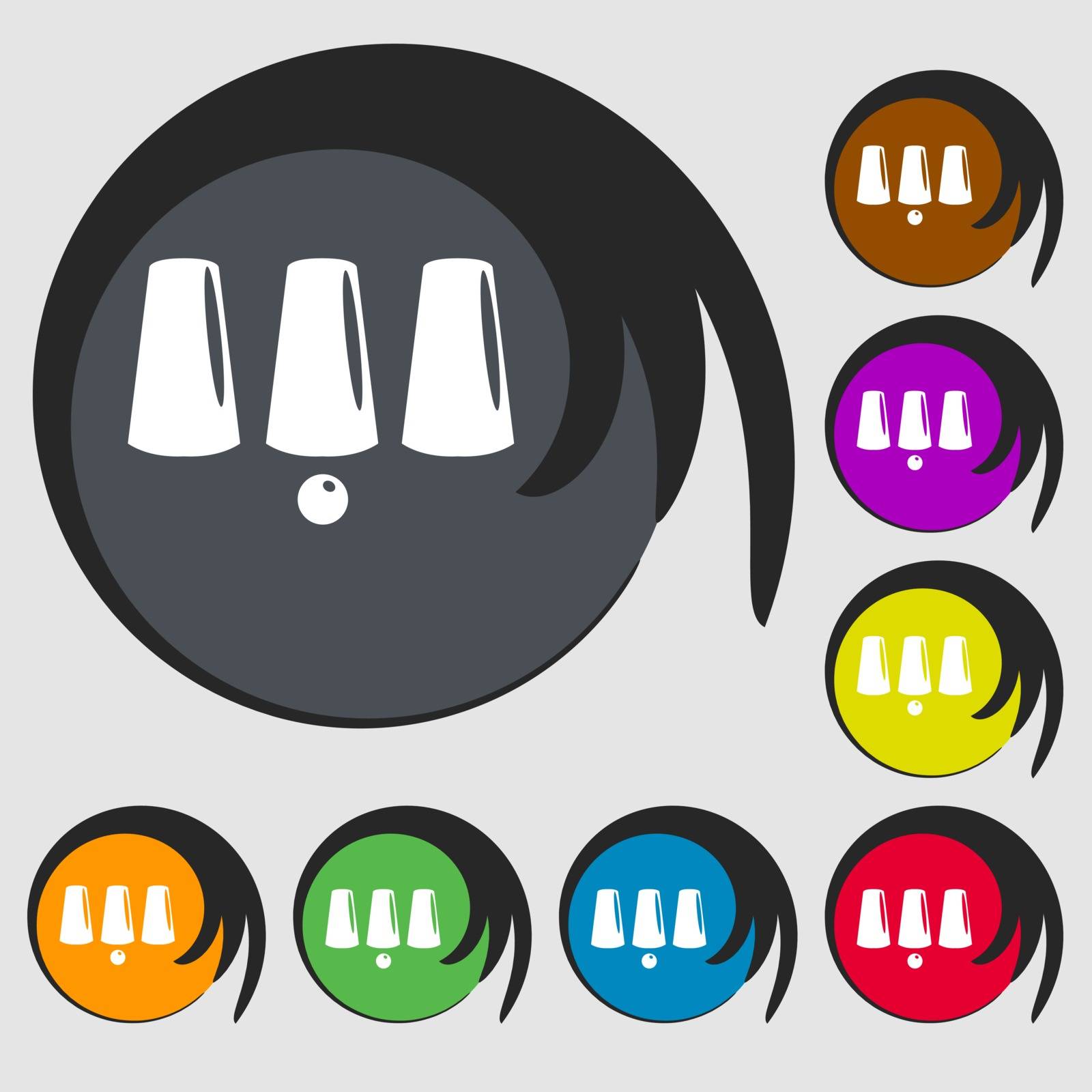Three game thimbles with a ball, games 3 cups icon. Symbols on eight colored buttons. Vector illustration