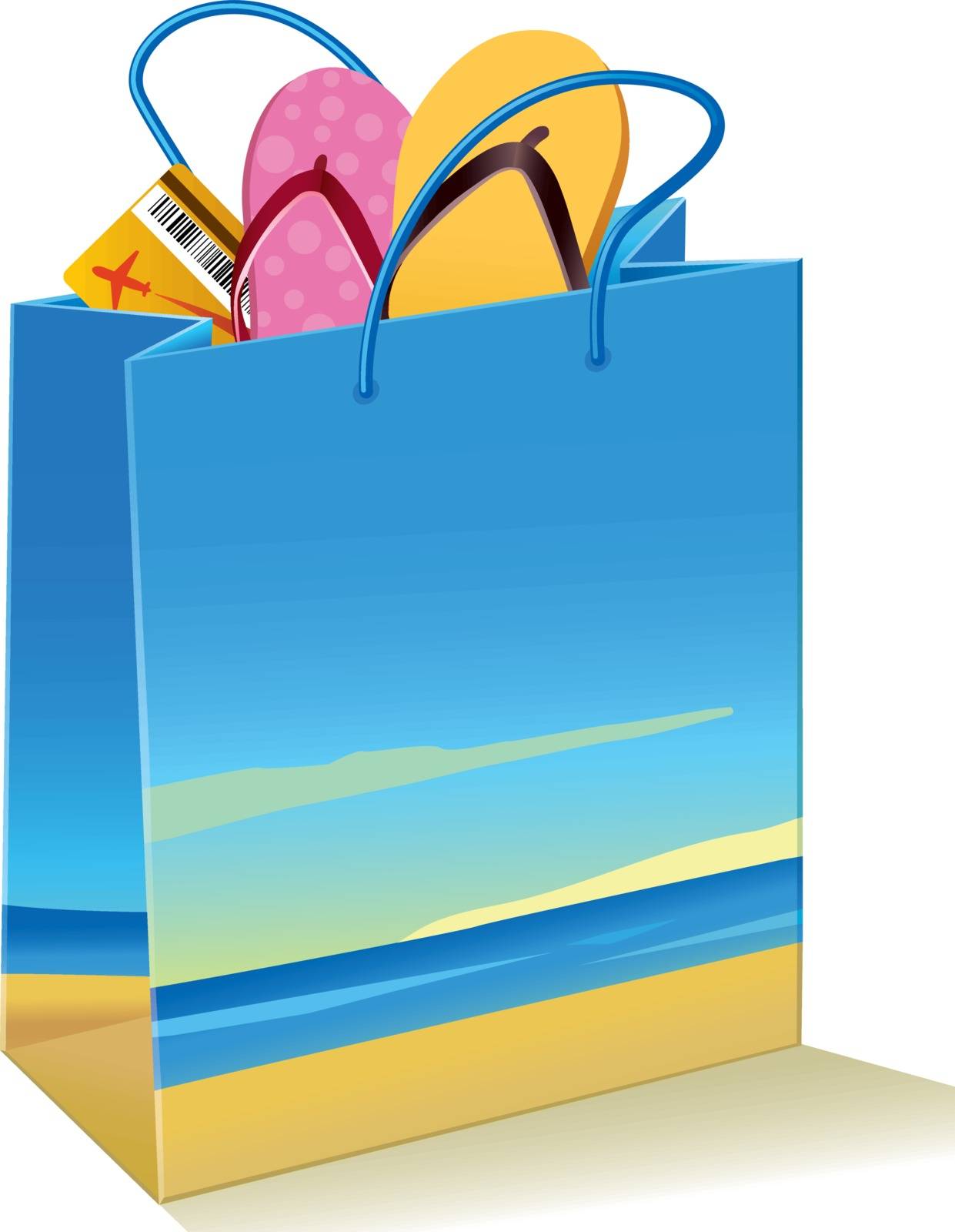 Sandals and flight ticket into a paper bag with a picture of a beach.
Useful image to promote holiday packages