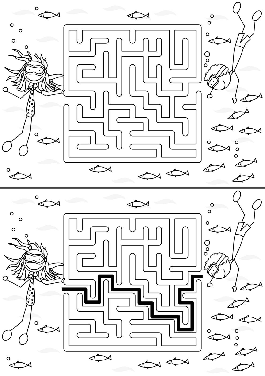 Sea maze for kids with a solution in black and white
