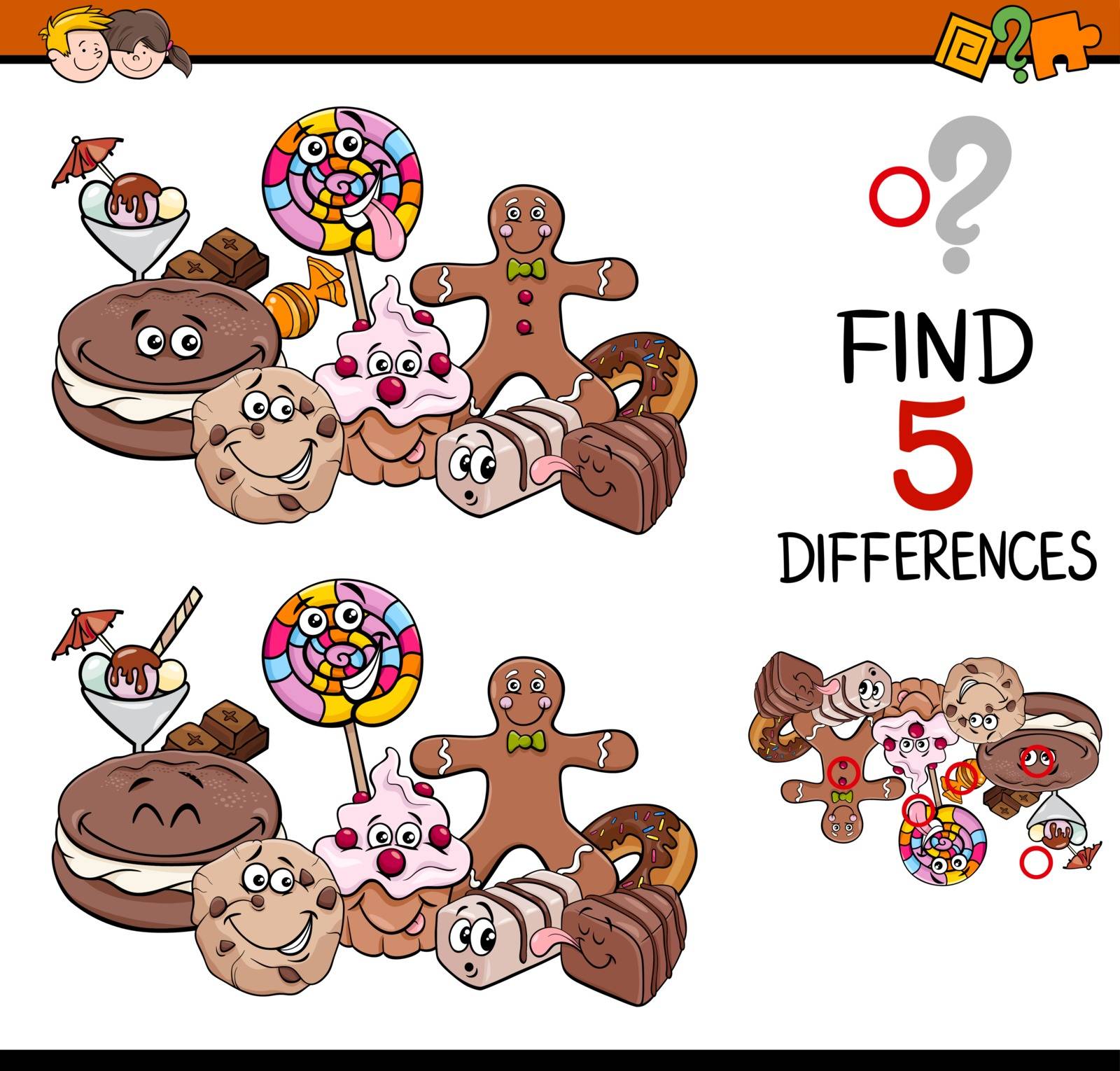 Cartoon Illustration of Finding Differences Educational Task for Preschool Children with Sweet Food Characters