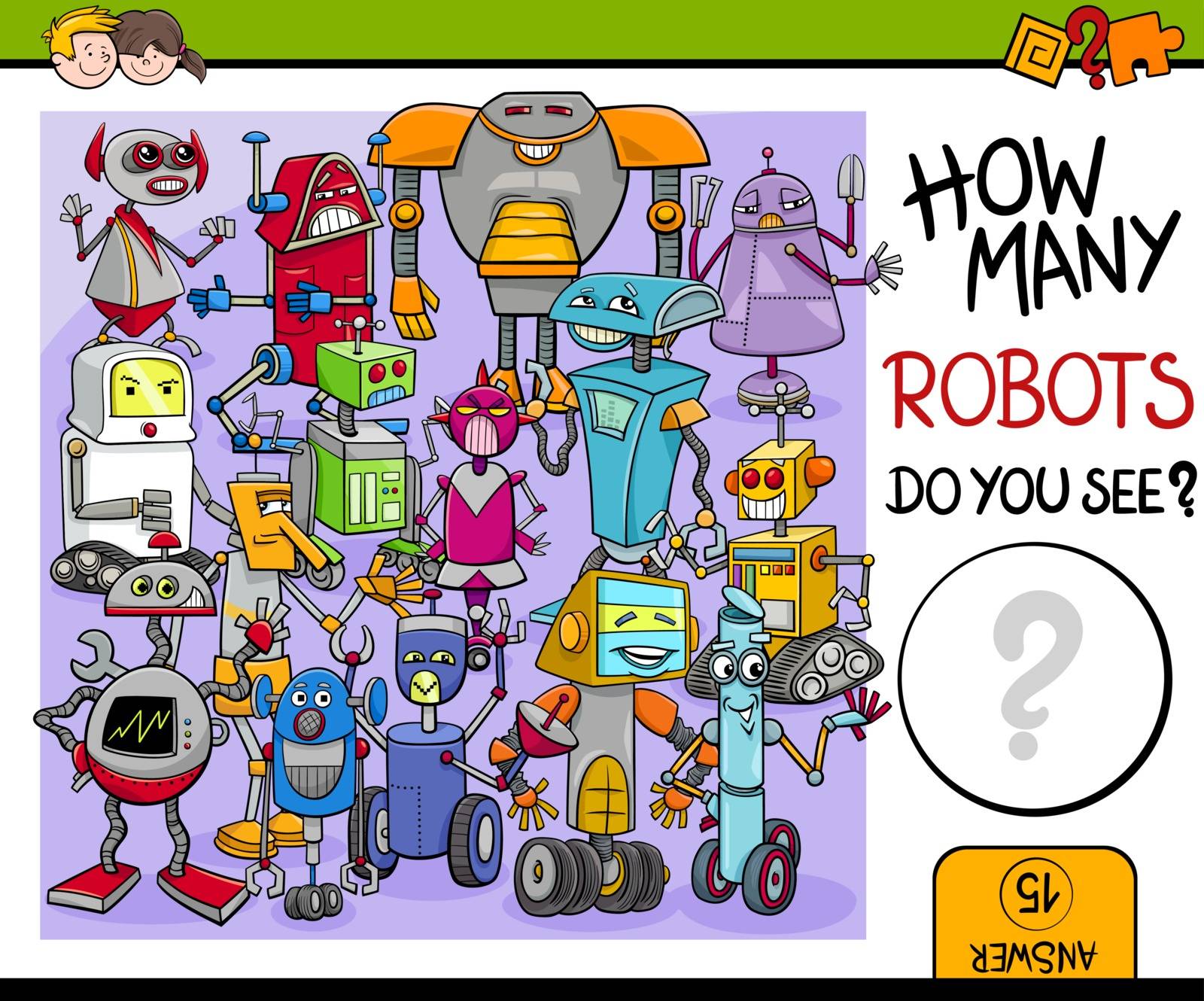 Cartoon Illustration of Educational Counting or Calculating Task for Preschool Children with Robot Characters