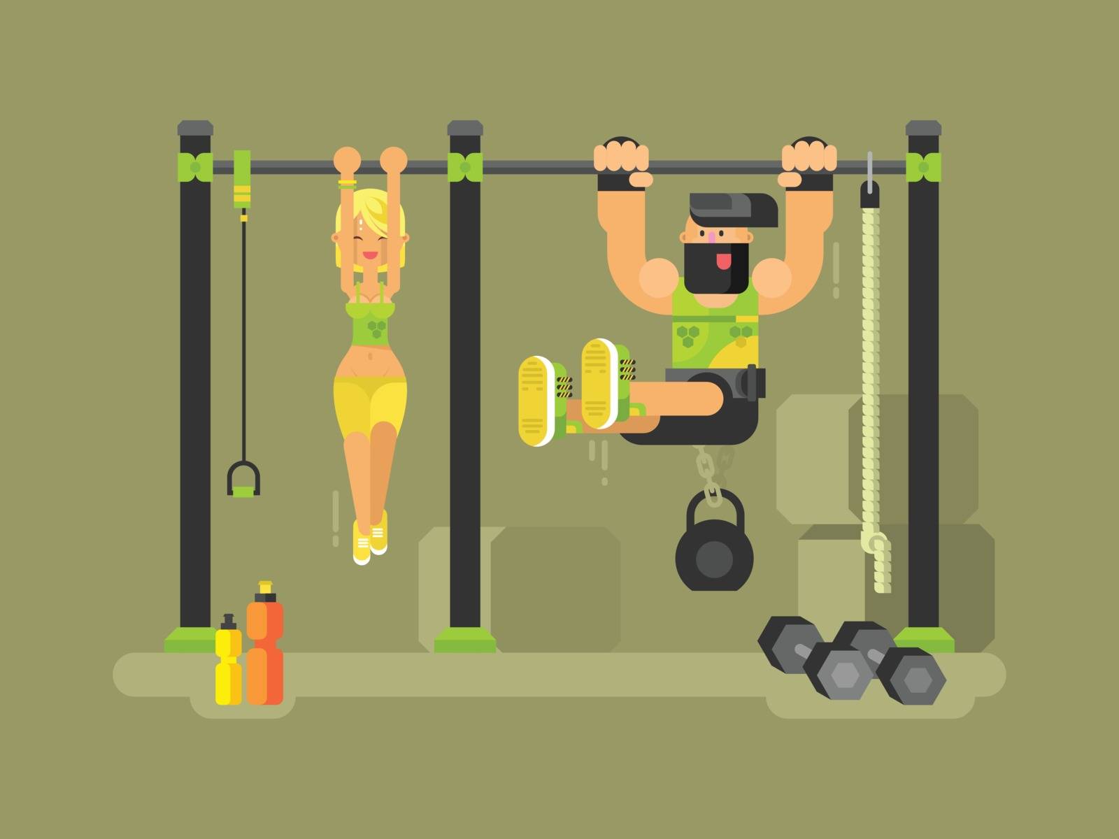 Man and woman fitness. Sport training, exercise workout, gym vector illustration