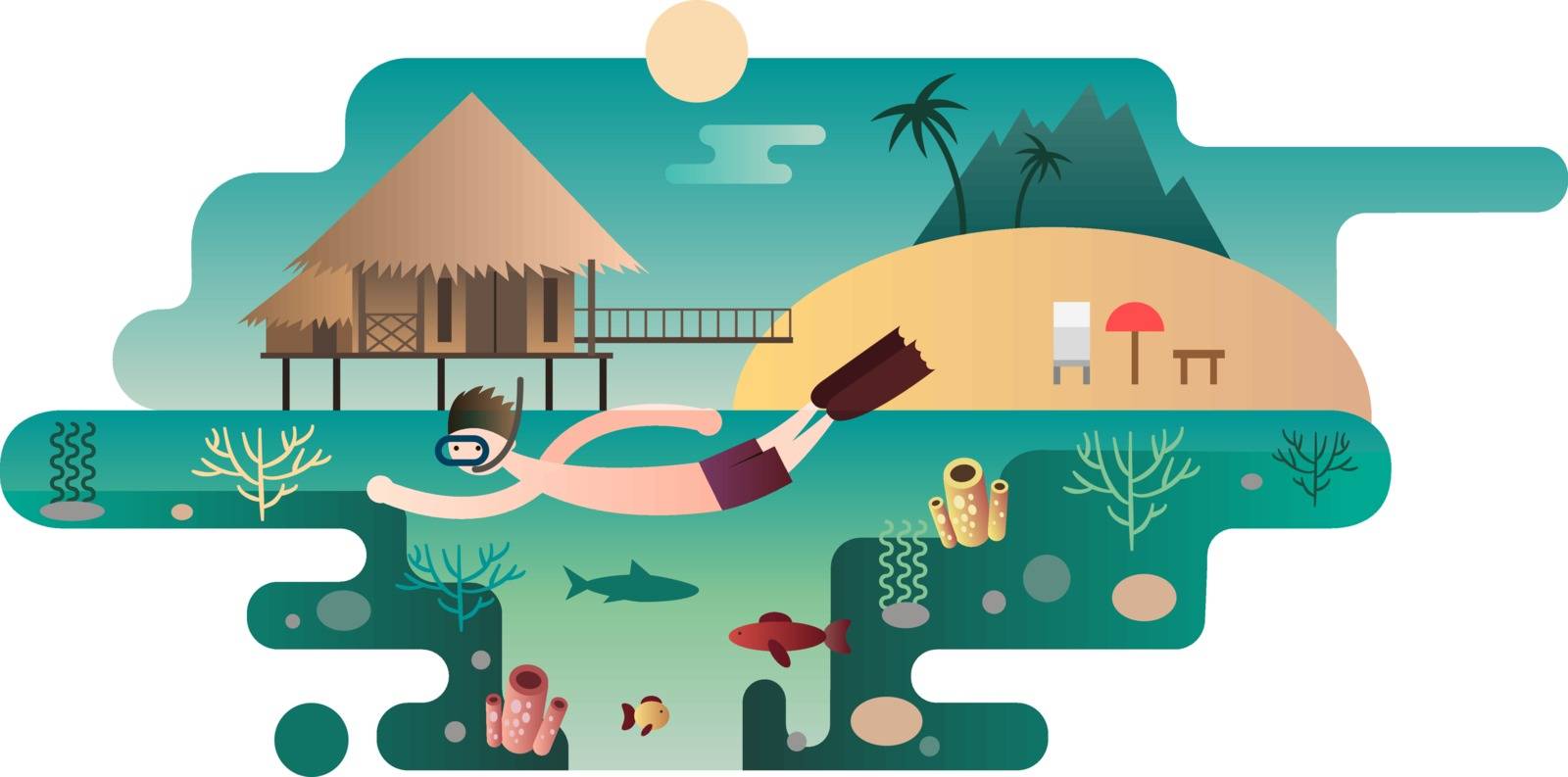 Beach island design flat concept. Travel vacation, sea summer, palm and nature, ocean and sun, tropical tree, vector illustration