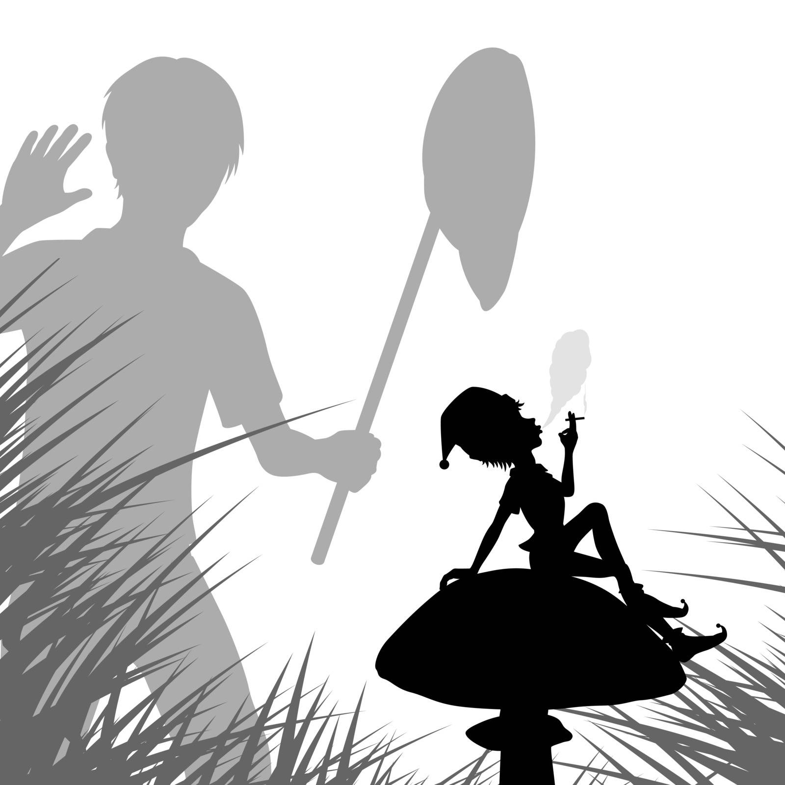 EPS8 editable vector illustration of a young boy with a net finding a smoking pixie on a mushroom