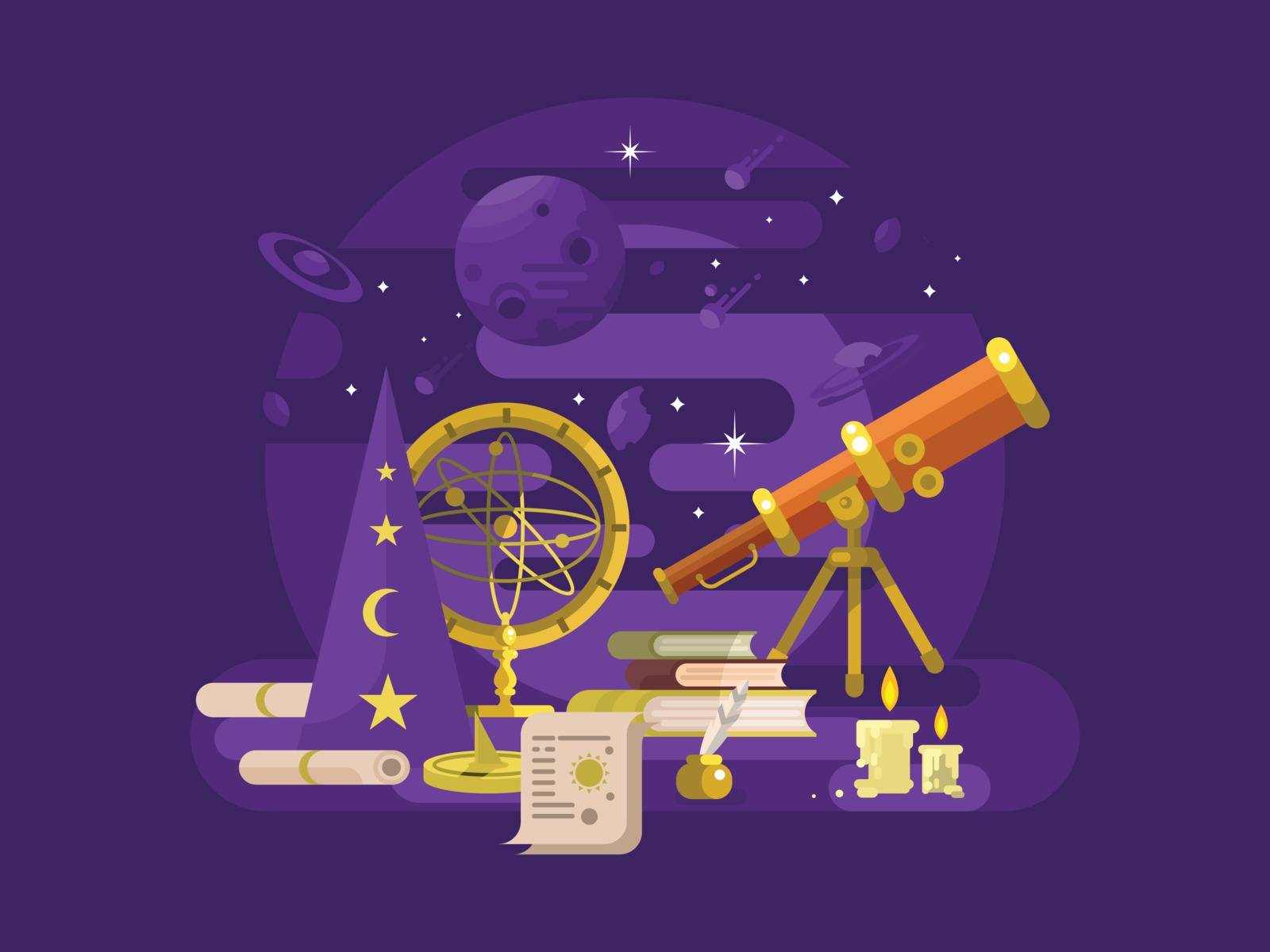 Astronomy design flat. Retro science, astrology instrument, star astronomical, vector illustration
