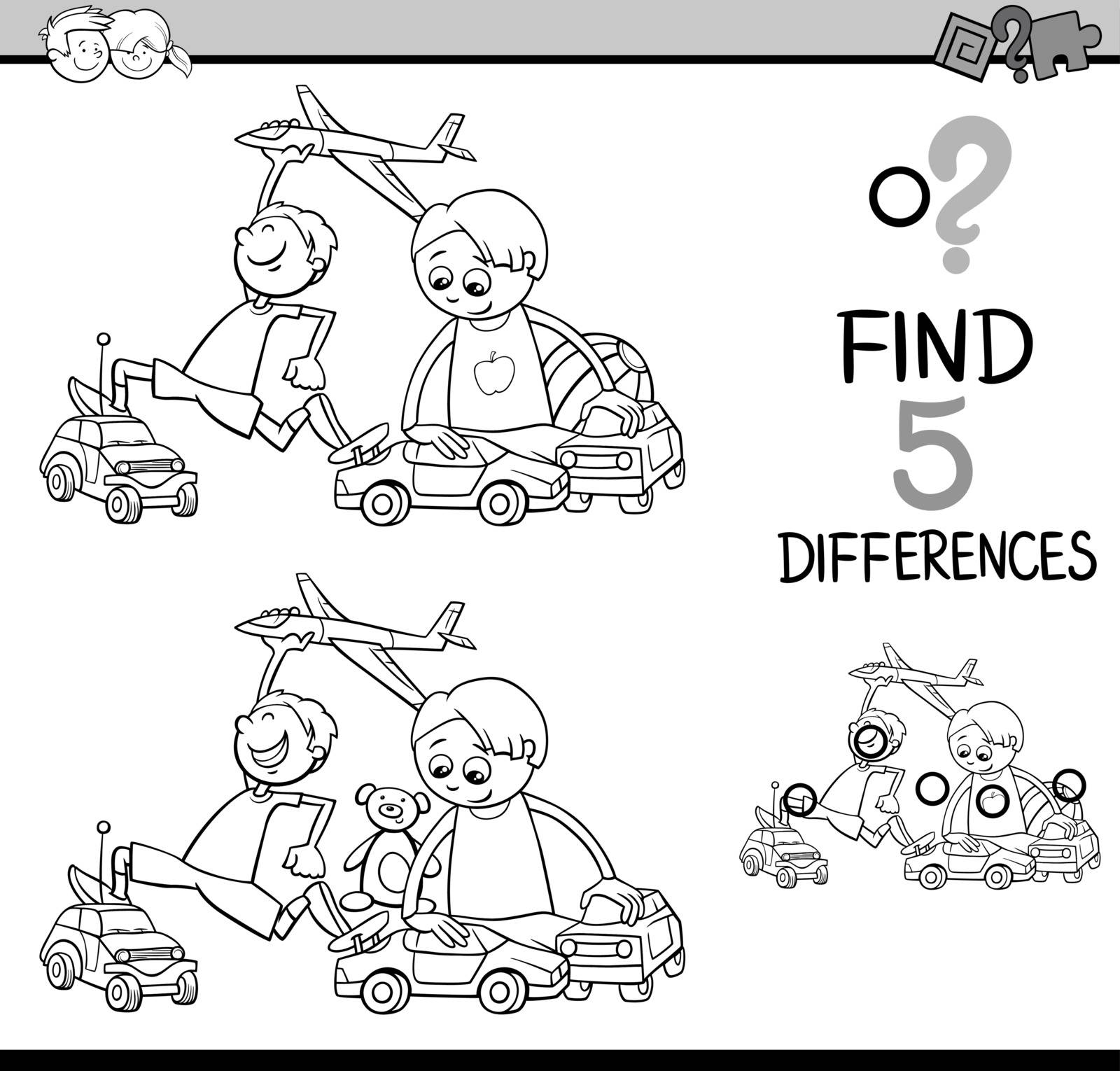 Black and White Cartoon Illustration of Finding Differences Educational Activity for Preschool Children with Boys Playing Cars and Plane for Coloring Book