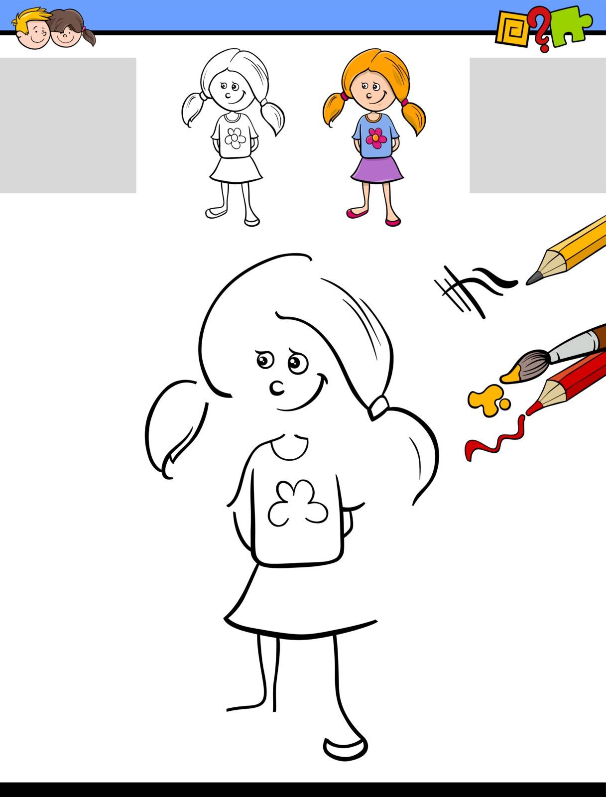 Cartoon Illustration of Drawing and Coloring Educational Activity for Preschool Children with Cute Girl Character