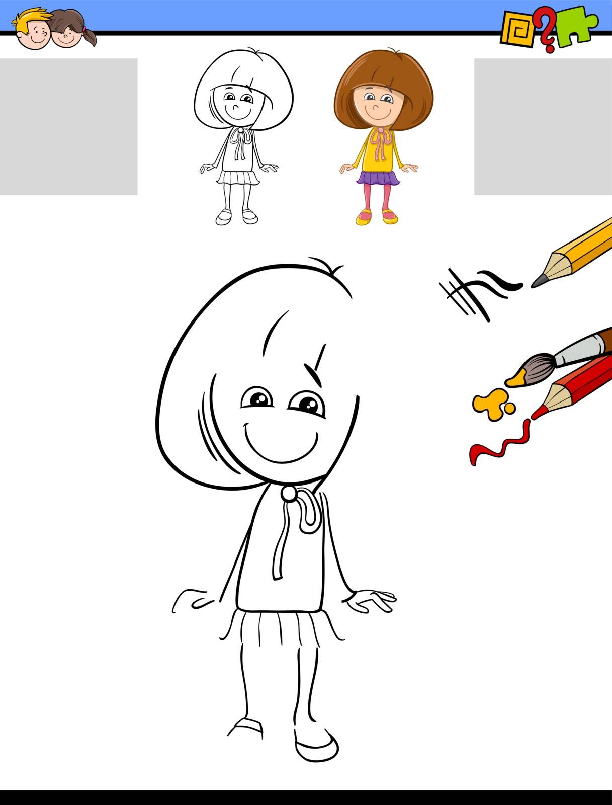 Cartoon Illustration of Drawing and Coloring Educational Activity Task for Preschool Children with Kid Girl Character