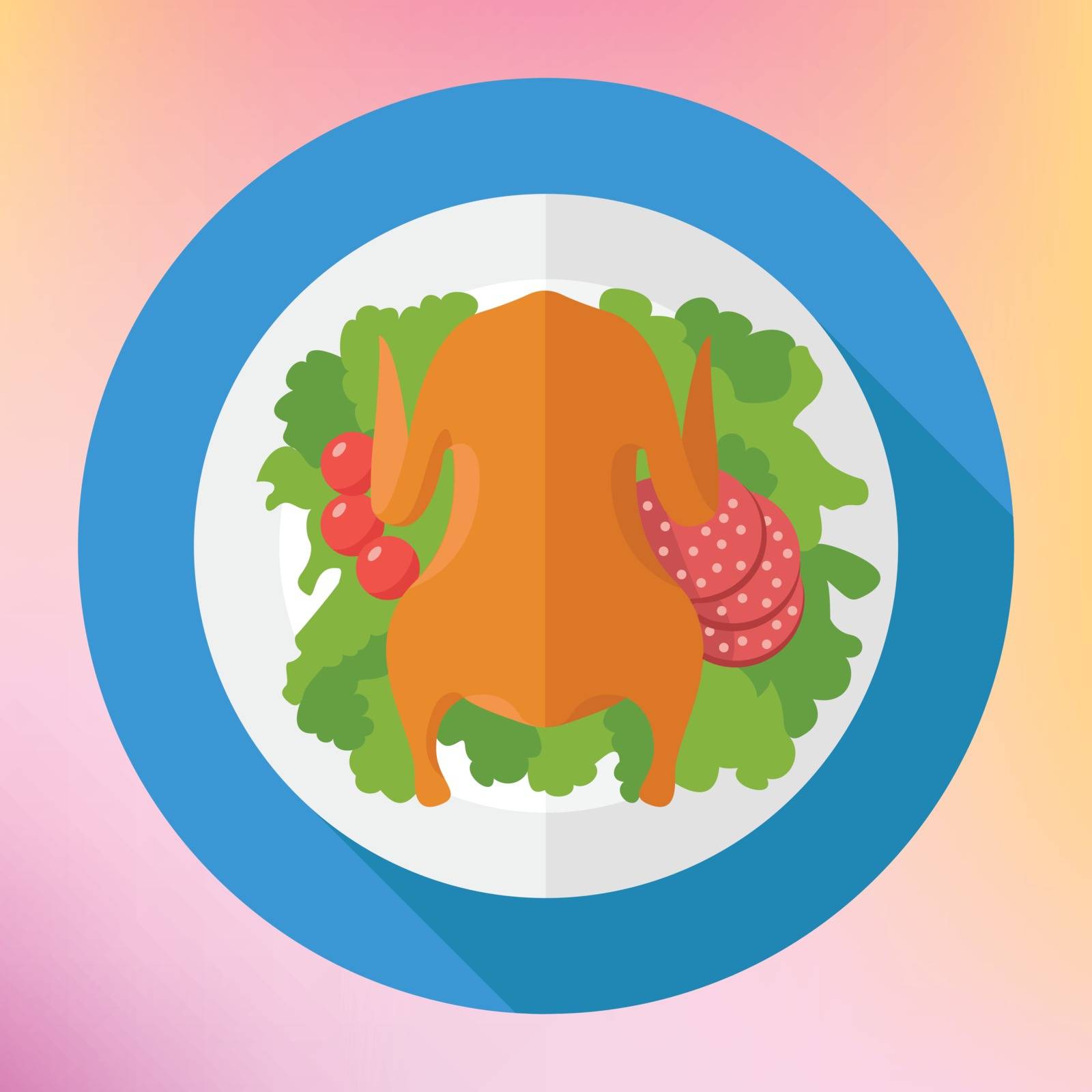Chicken roasted with salad leafs, tomatoes and salami. Whole fried chicken flat vector icon. Chicken flat icon with long shadow.