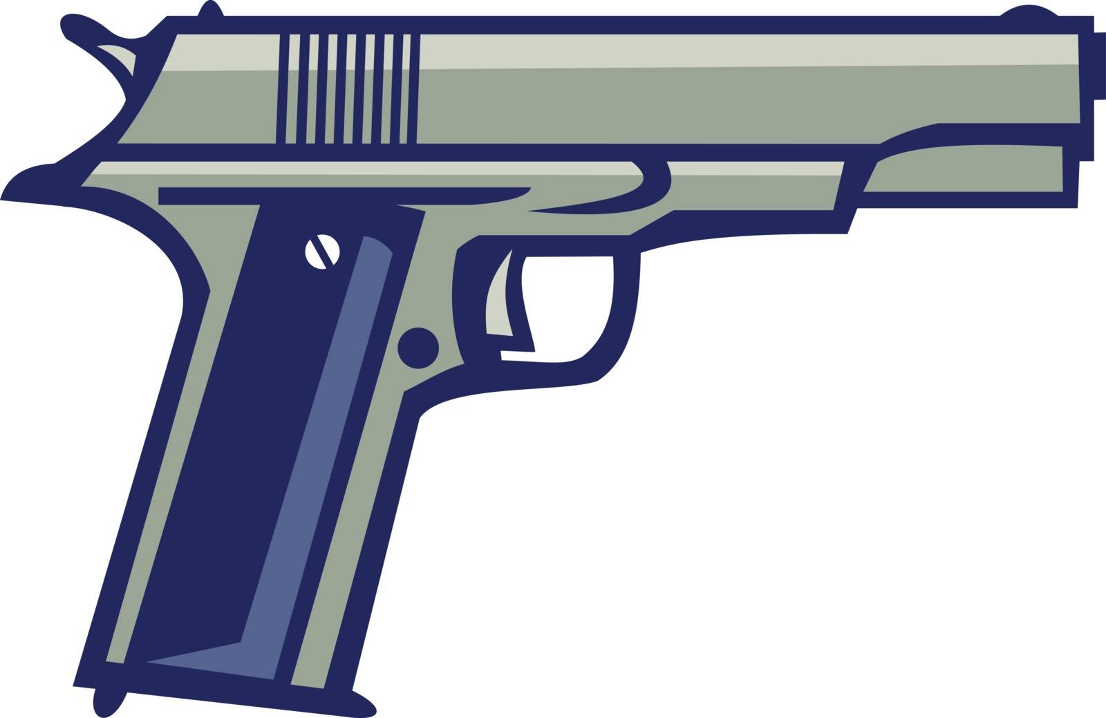 Illustration of a 1911 single-action, semi-automatic, magazine-fed, recoil-operated sidearm pistol chambered for the .45 caliber ACP cartridge viewed from side on isolated white background done in retro style. 