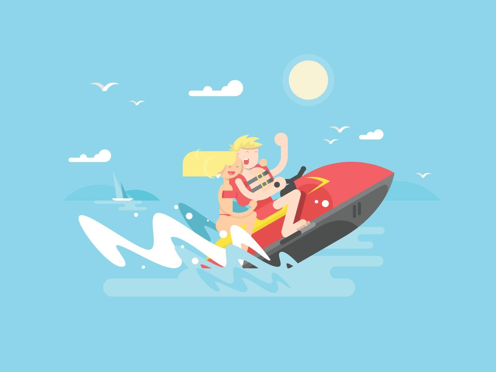 Couple on hydrocycle. Sea summer, vacation and sport boat, travel and leisure, vector illustration