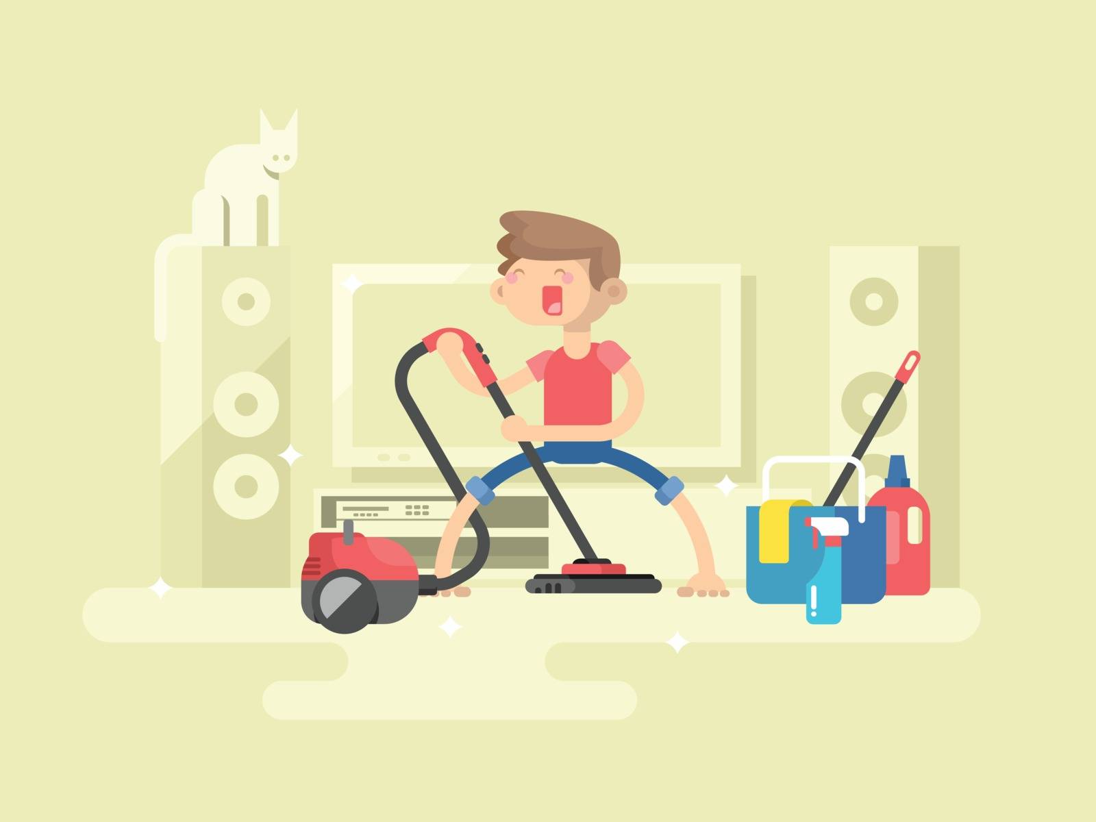 Boy cleaning house. Housework room, young cleaner, domestic cleaning, vector illustration