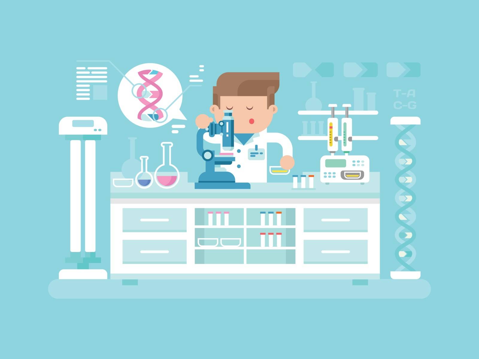 Genetics doctor man. Medical research, test science, biology laboratory, lab scientific, vector illustration
