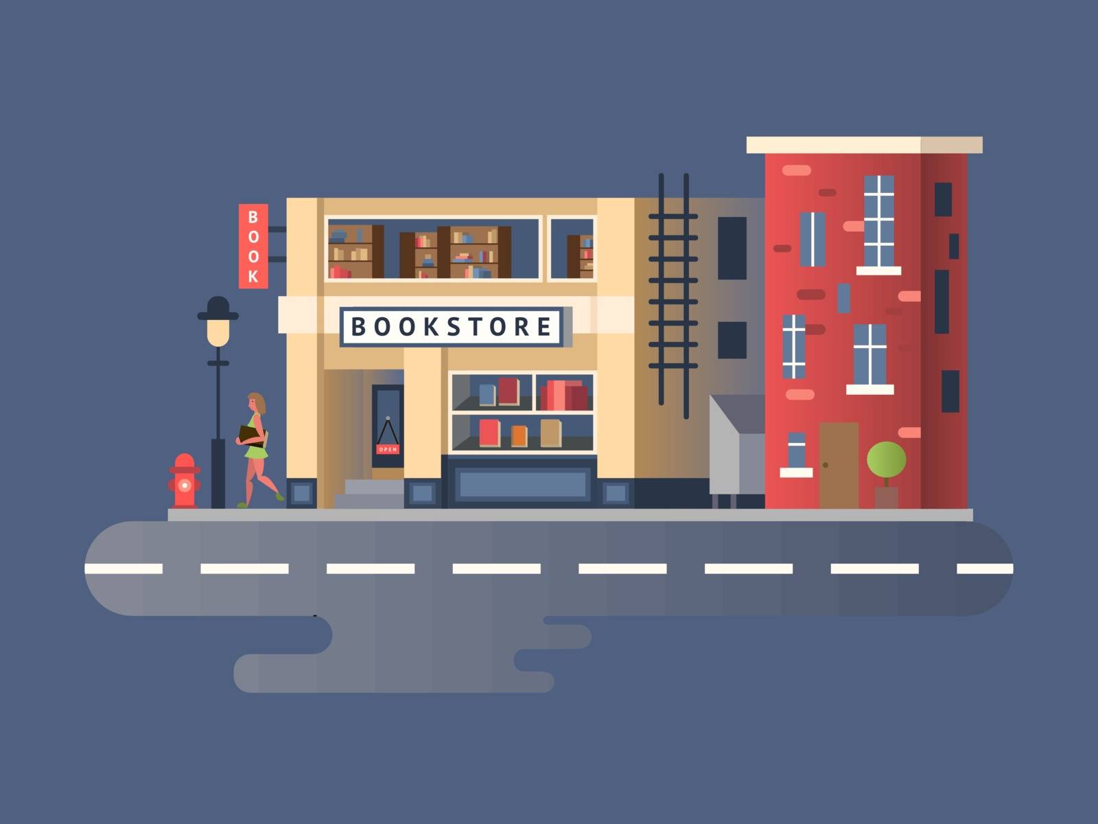 Book shop building. Store building, shop market front, street facade, vector illustration