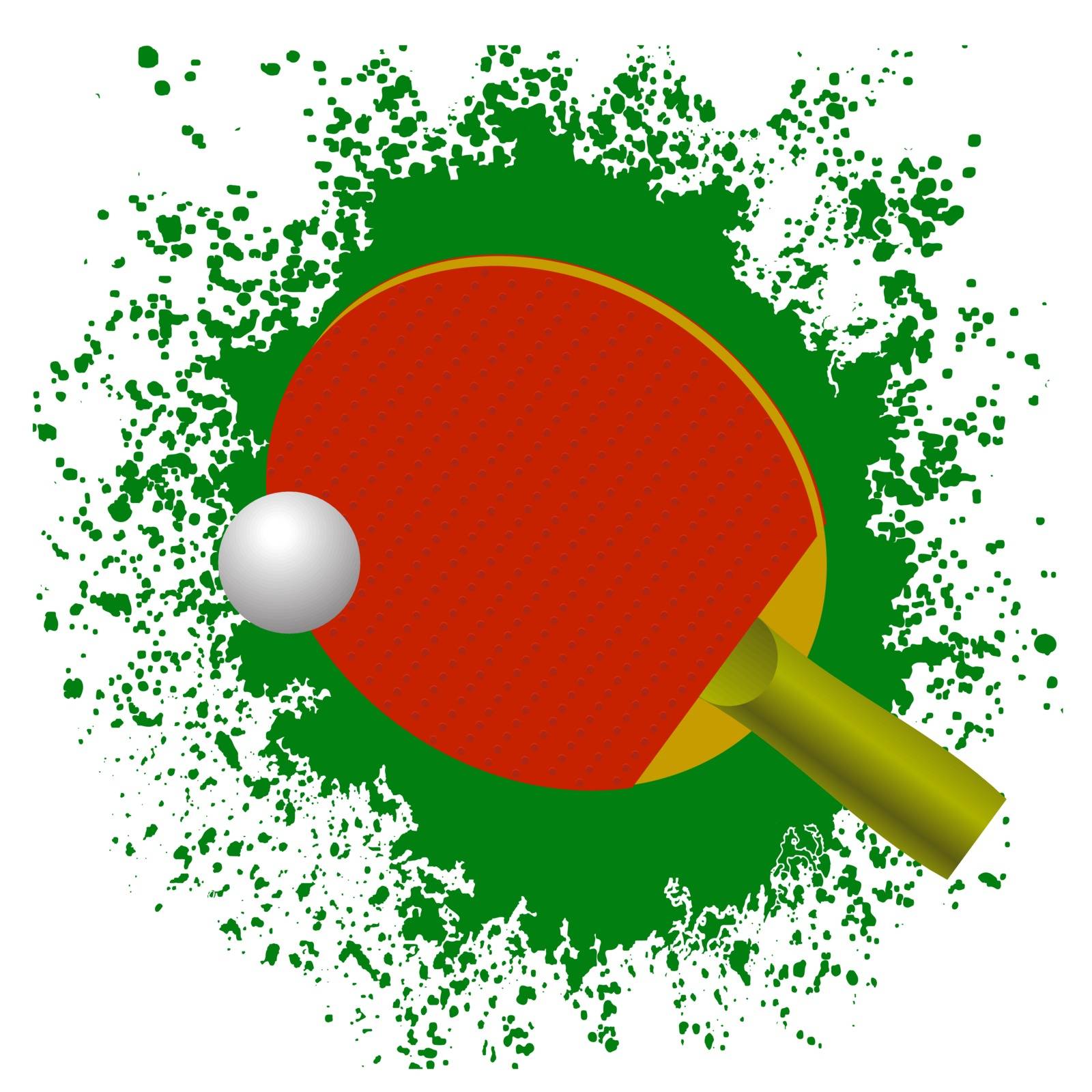 Red Tennis Racket and Plastic Ball on Green Splatter Background