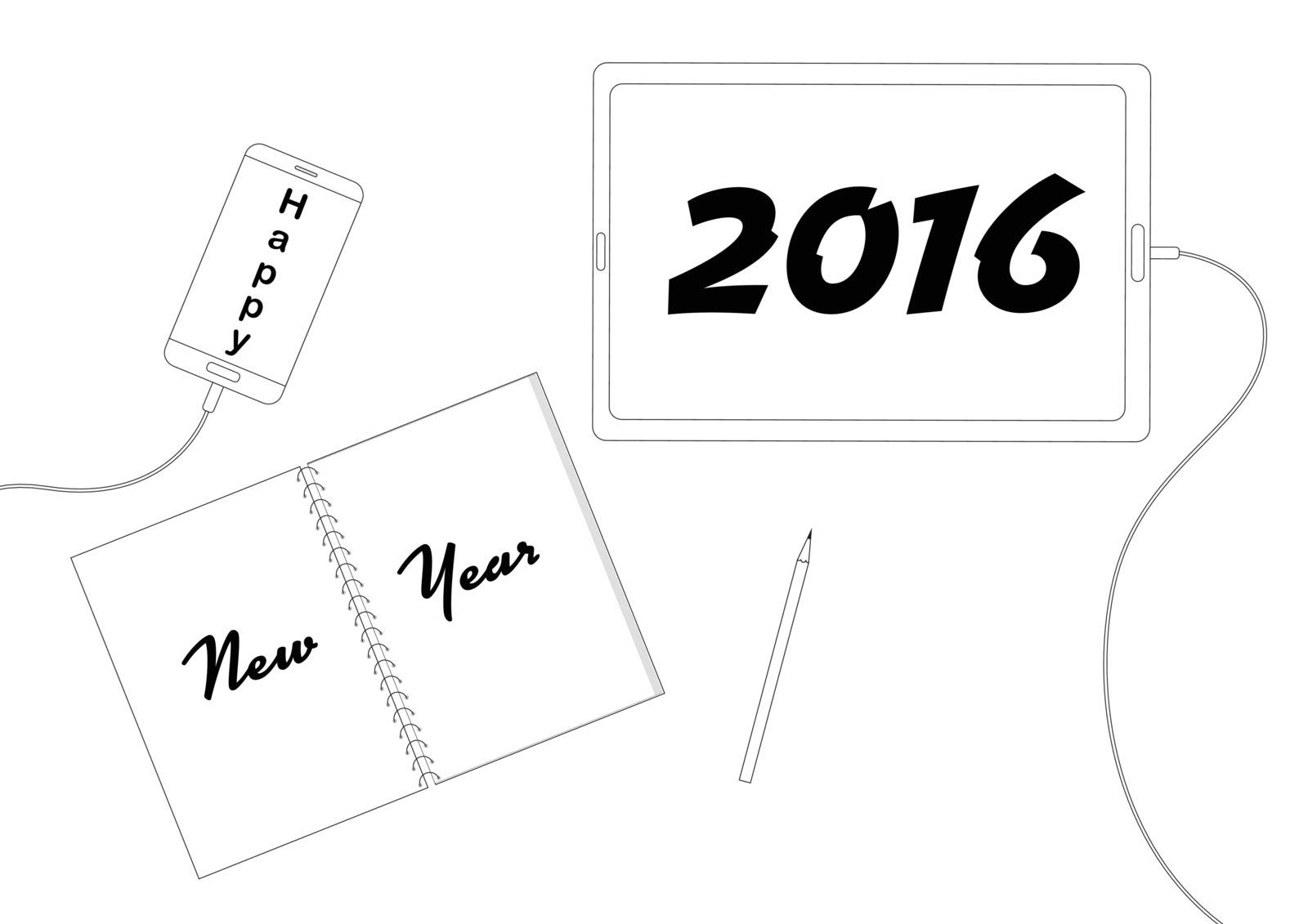 Line Drawing Phone Notebook and Tablet, Happy New Year 2016