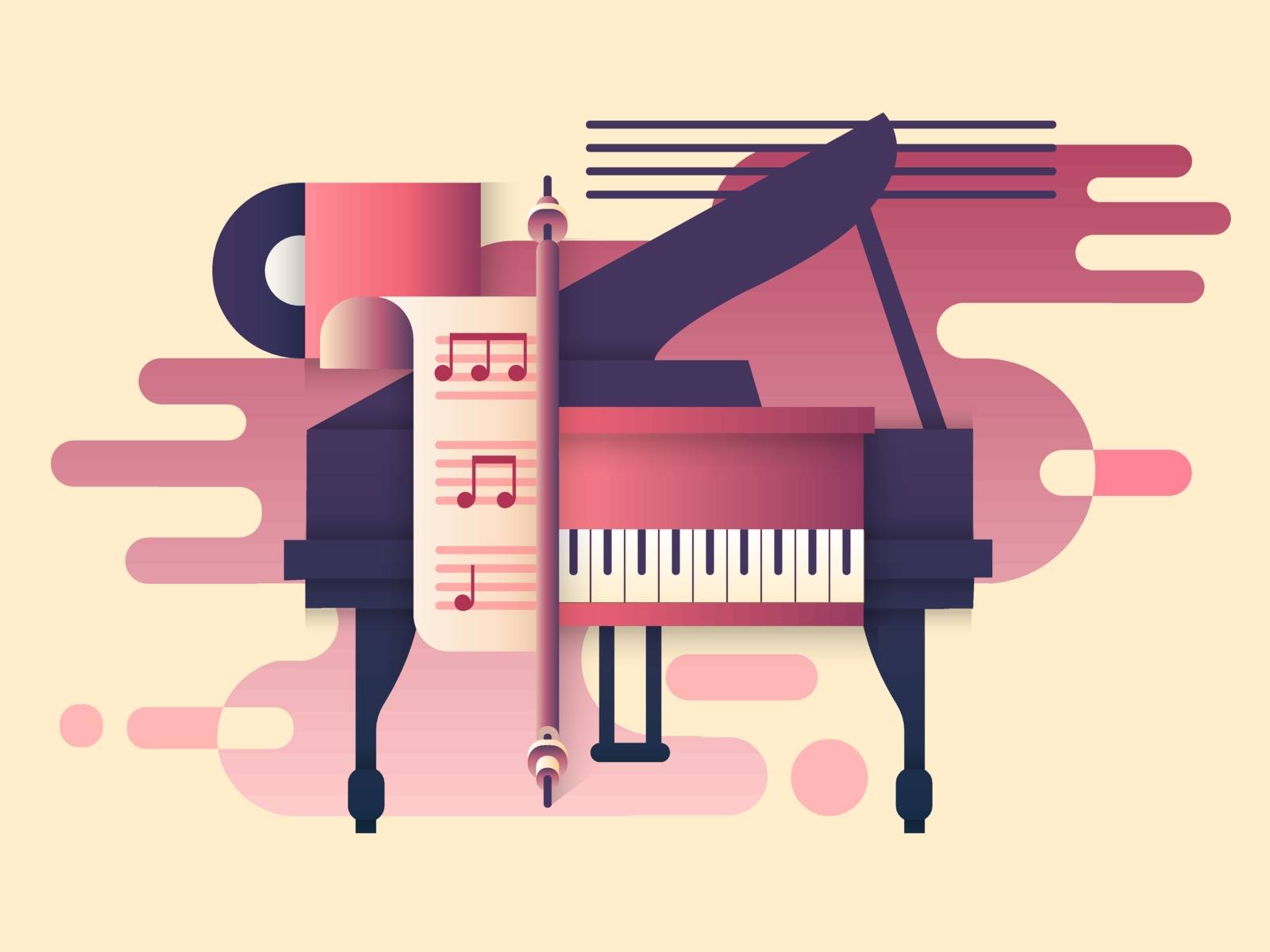 Piano design flat. Music instrument, play keyboard, classic concert, classical sound melody, vector illustration