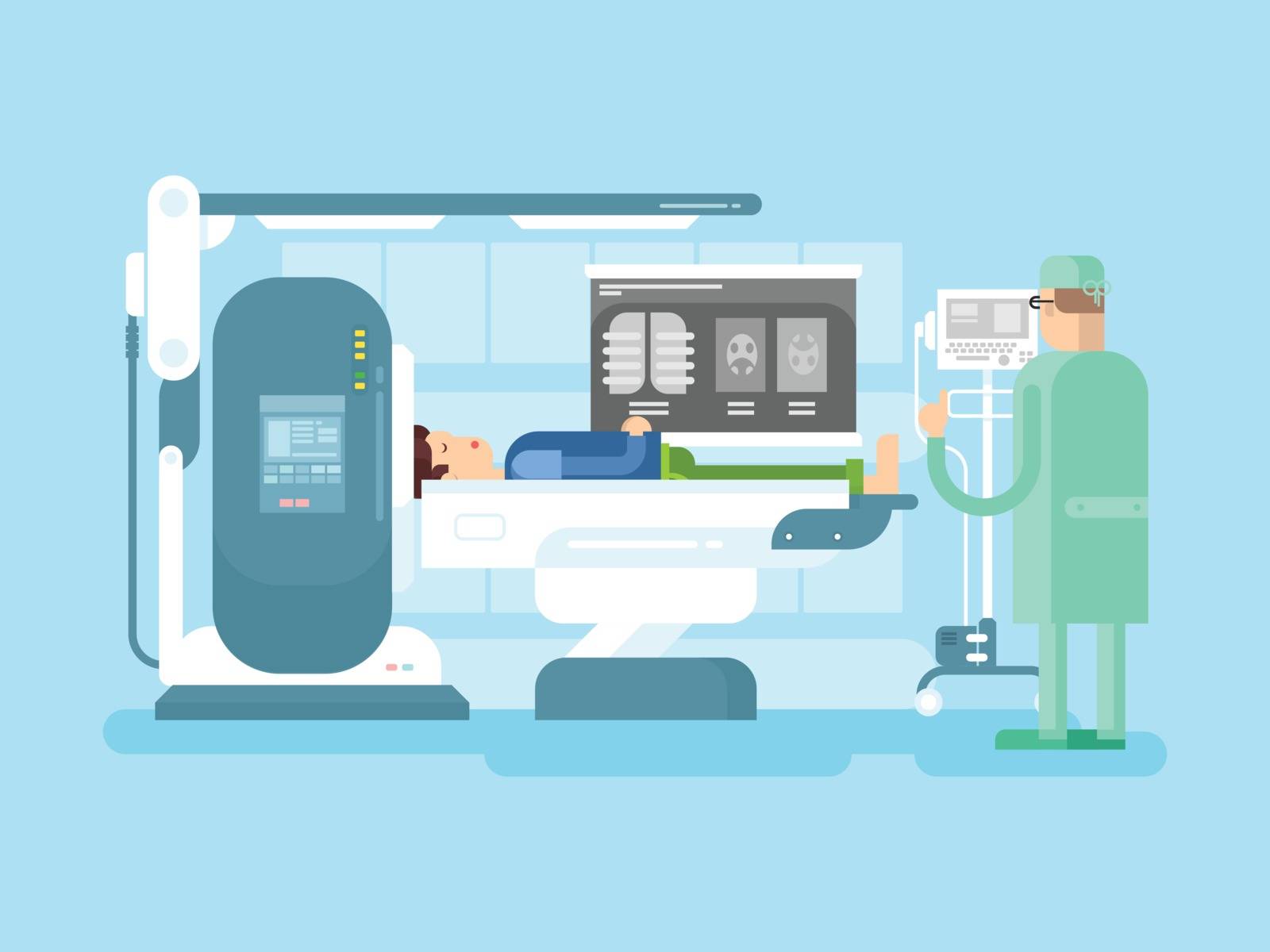 Cabinet with an MRI device. Medical hospital, machine equipment scanner, medicine scan, vector illustration