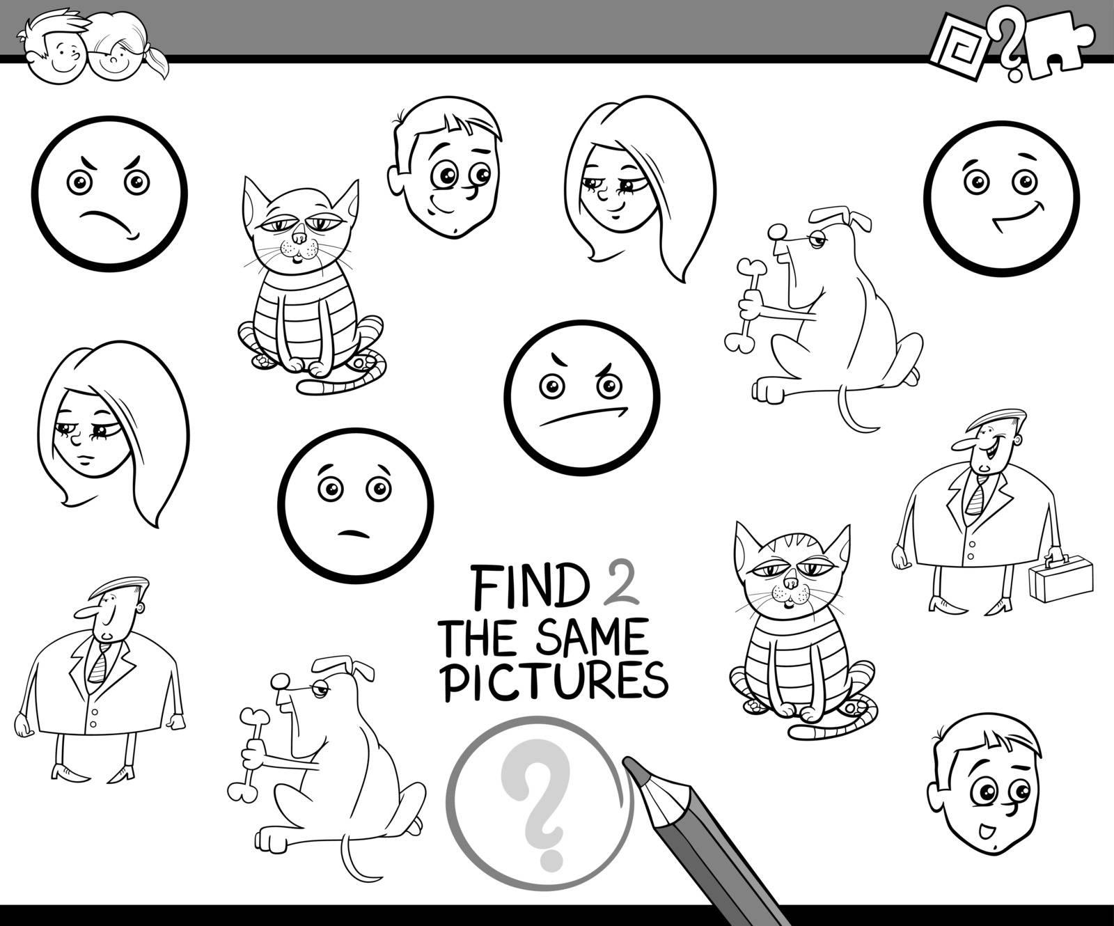 Black and White Cartoon Illustration of Find The Same Pictures Educational Activity for Preschool Children Coloring Book