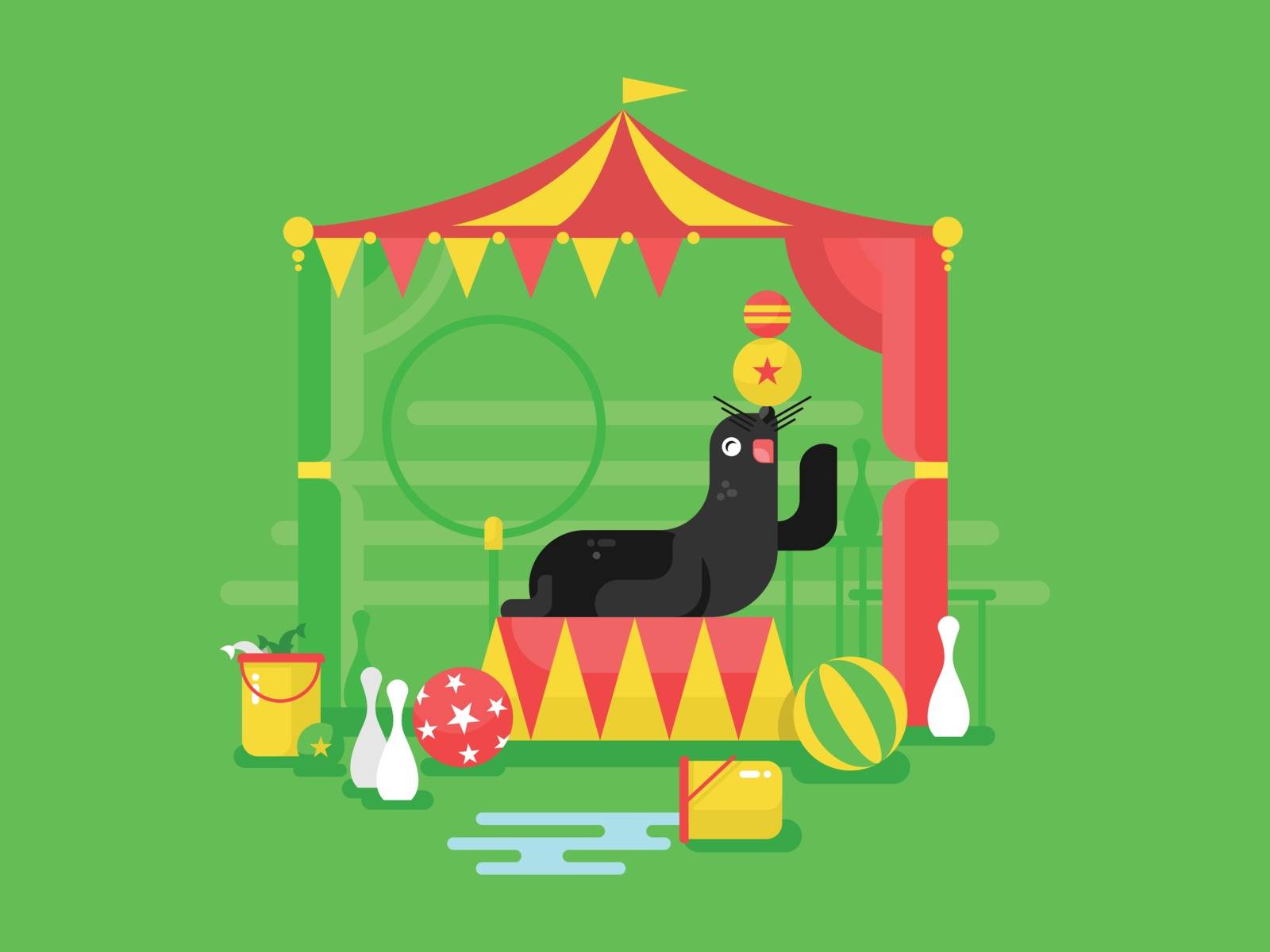 Fur seal in a circus. Animal mammal, marine character trained with flipper, vector illustration