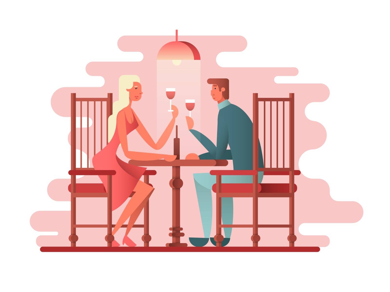 Romantic dinner a couple of lovers. Woman and man love, restaurant dating, vector illustration