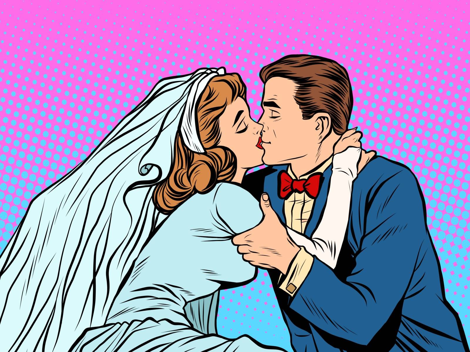 The bride and groom kiss pop art retro style. Man and woman at the wedding. Love couple