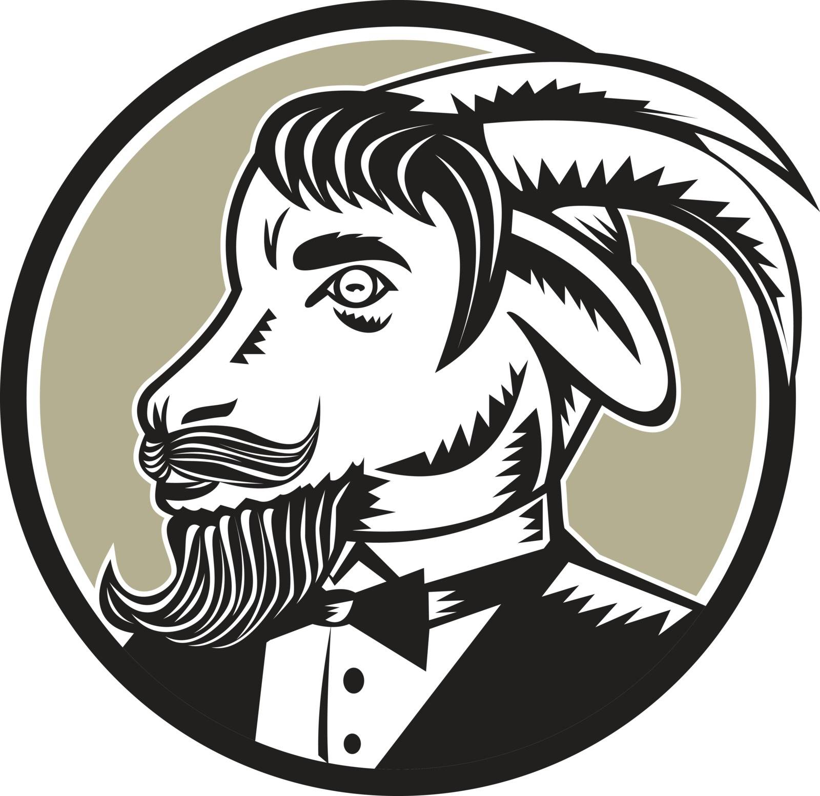 Illustration of a goat ram with big horns and moustache beard wearing tuxedo suit looking to the side set inside circle done in retro woodcut style. 