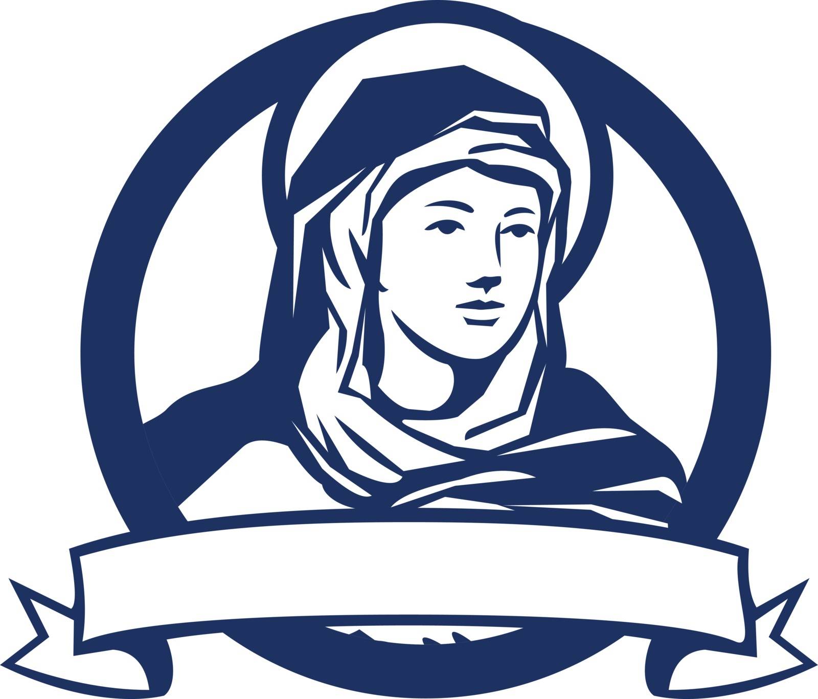 Illustration of the Blessed Virgin Mary looking to the side with scroll set inside circle done in retro style. 