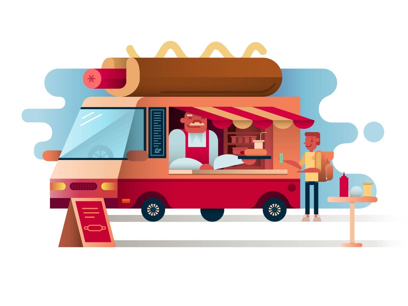 Cafe van hot dogs. Service cafe food, car restaurant, vector illustration
