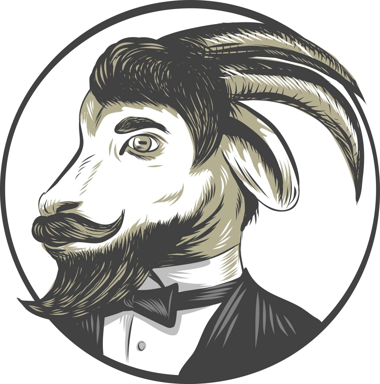 Drawing sketch style illustration of a goat ram with big horns and moustache beard owearing tie tuxedo suit looking to the side set inside circle. 