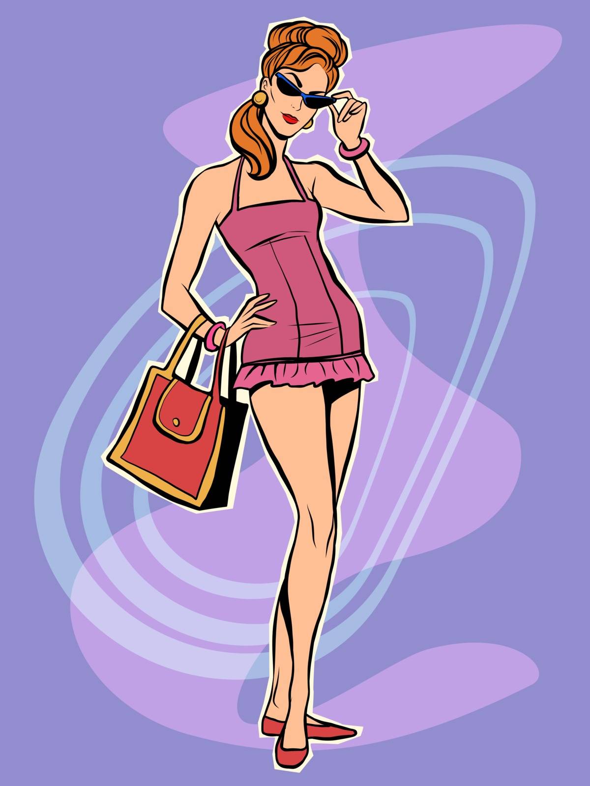 Beautiful redhead retro girl in short dress. The sixties style. Fashionista vector woman