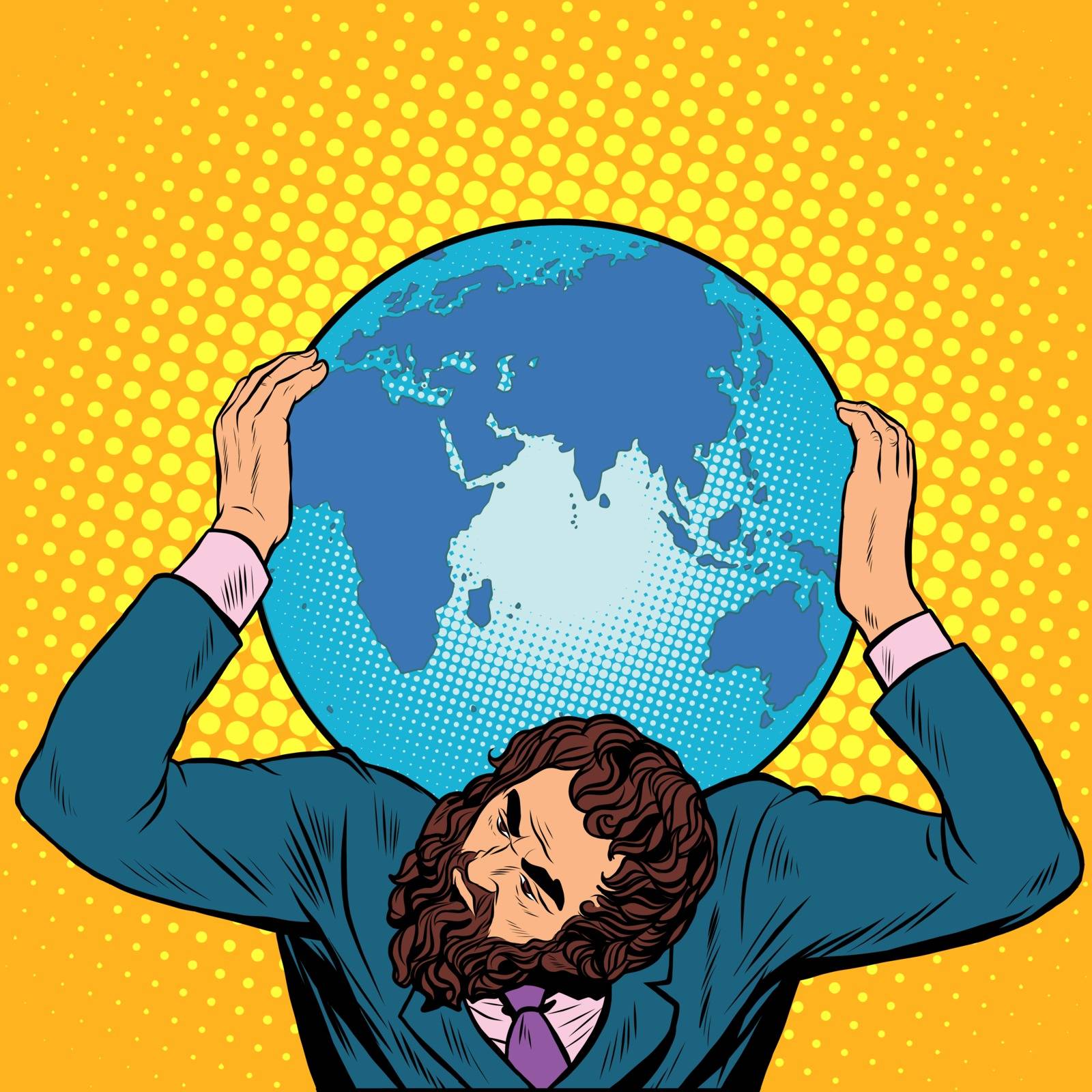 Atlas businessman holds the Earth on his shoulders pop art retro style. International Earth day. caring for the planet. ecology. responsible business