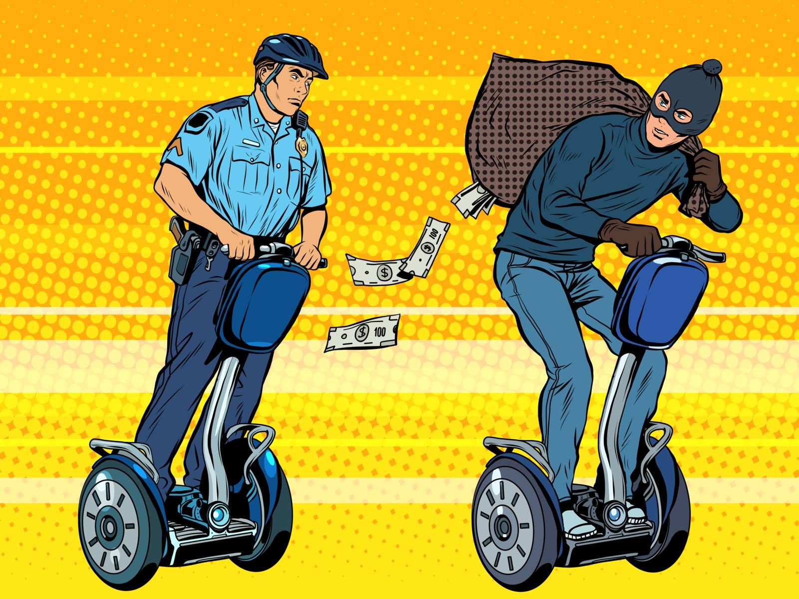 Thief flees with money from the police pop art retro style. The chase on the scooter. Crime law and order