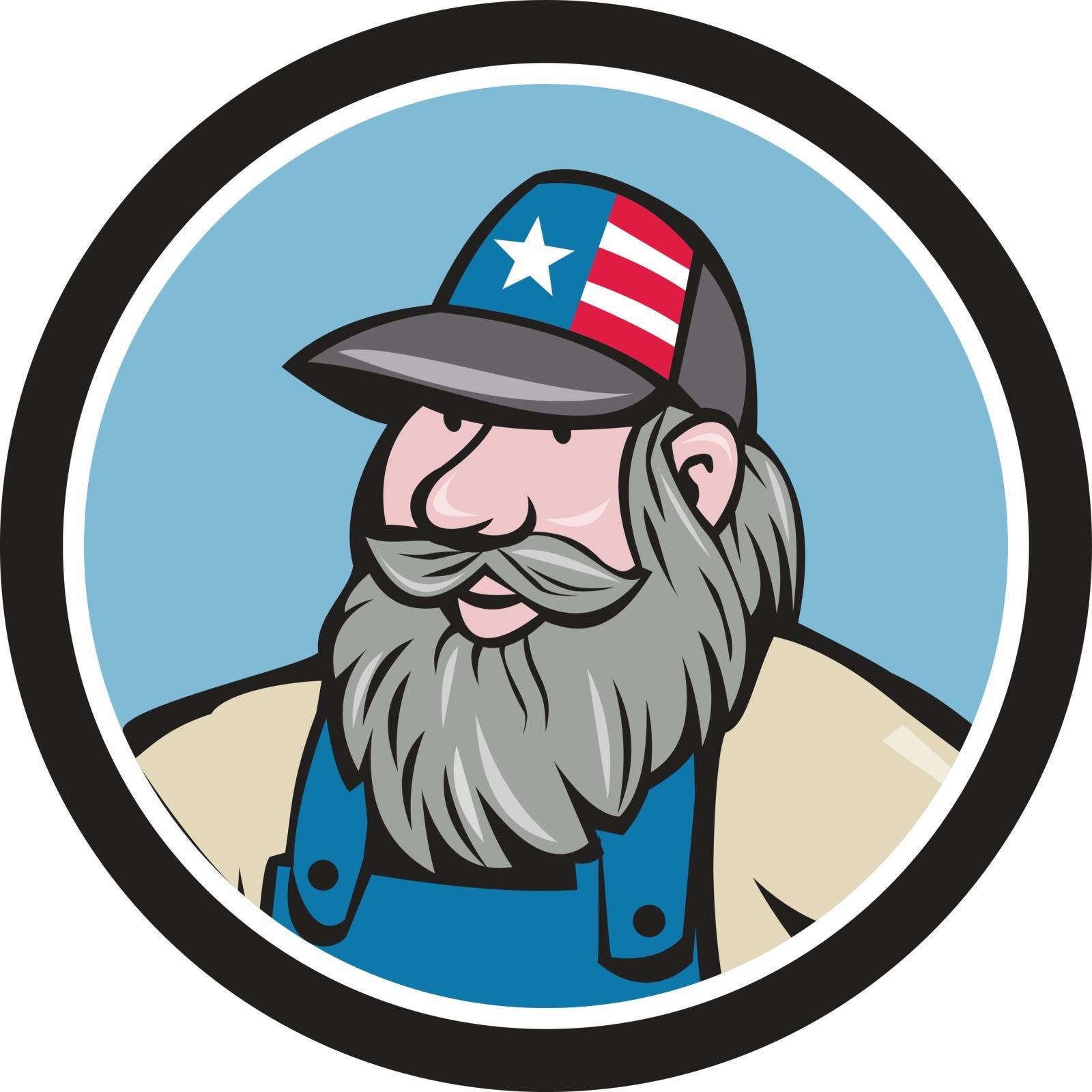 Illustration of a head of hillbilly man with beard wearing hat with stars and stripes looking to the side viewed from front set inside circle done in cartoon style. 