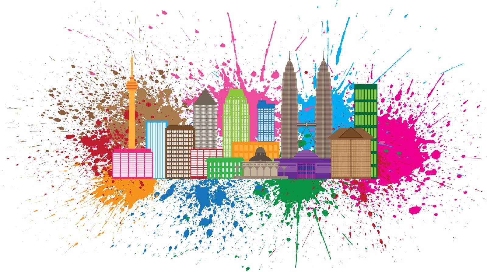 Kuala Lumpur Malaysia City Skyline Color Paint Splash Splatter Isolated on White Background Illustration