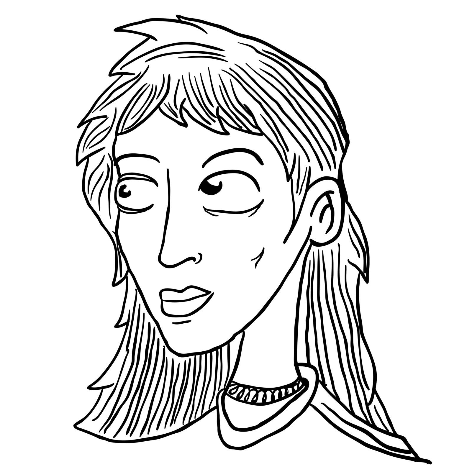 girl head black and white cartoon illustration doodle