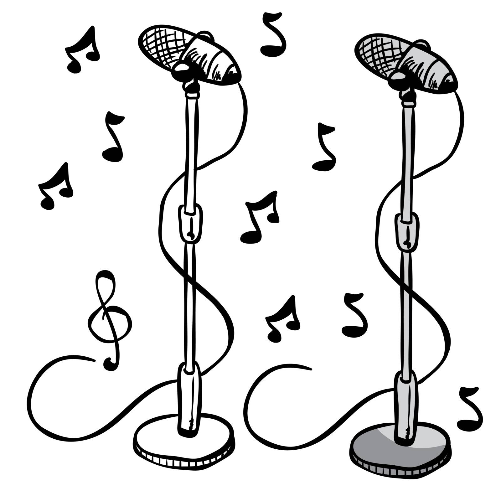 microphone on a stand with notes cartoon doodle