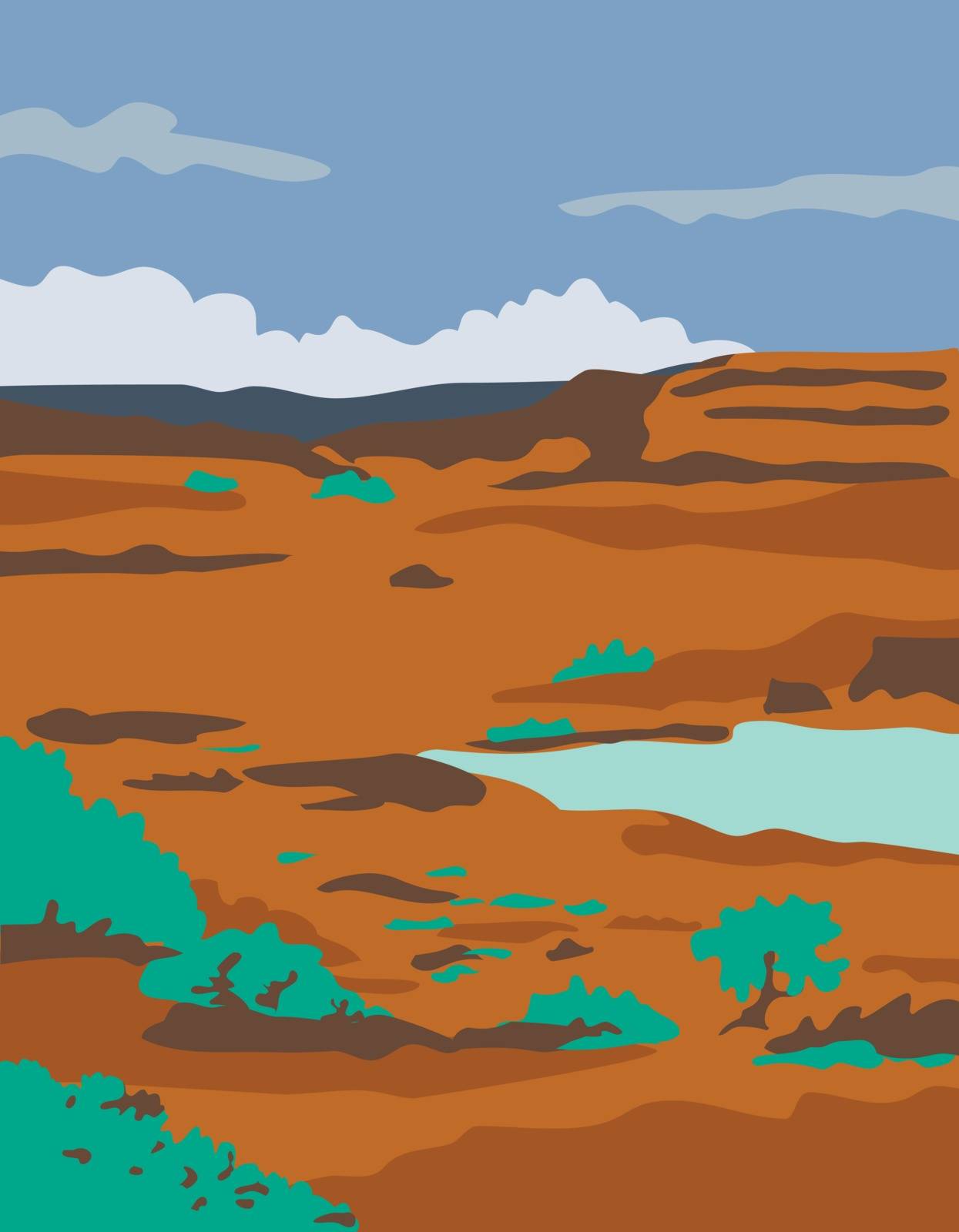 WPA style illustration of a columbian basin desert or arid steppe with water basin lake scenery set inside rectangle shape. 