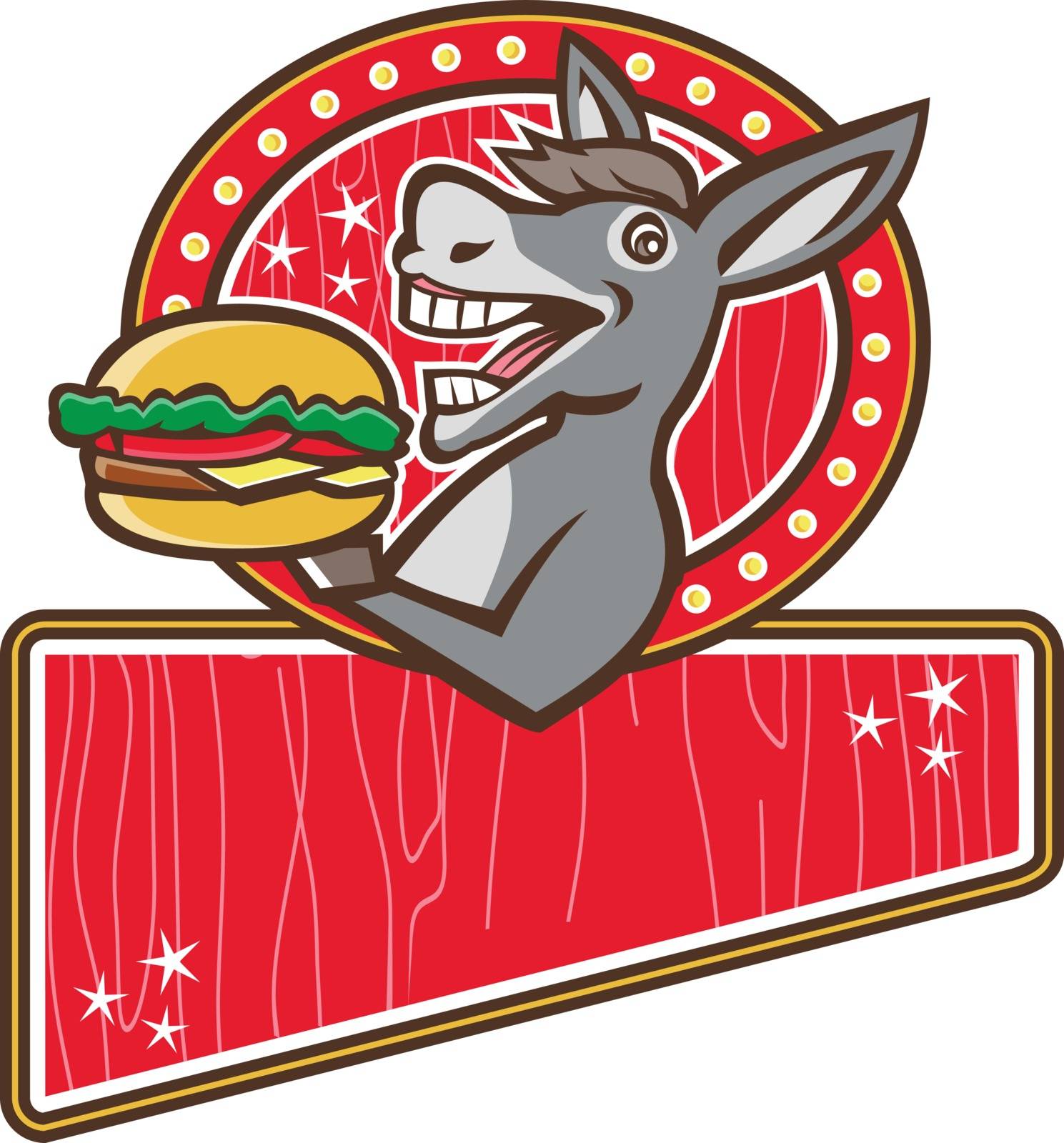 Illustration of a donkey, ass, mule or horse mascot serving up a hamburger burger sandwich viewed fromt the side set inside rectangle shape with woodgrain done in 1950s retro diner style 
