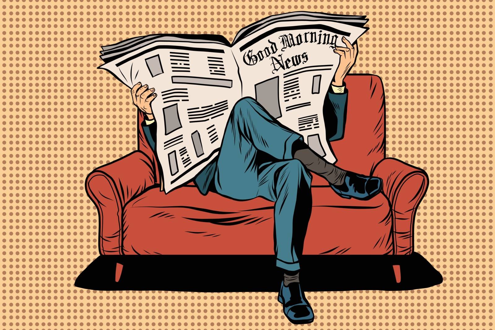 The morning paper reads man pop art retro vector. Businessman on the couch. Morning press. News and politics