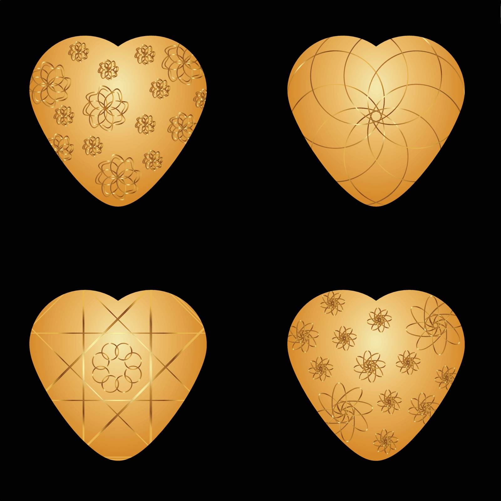 Vector Golden hearts with Golden graphic pattern on a black background