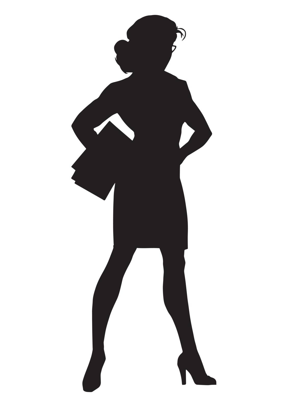 Beautiful strong businesswoman pop art retro vector. Woman vamp. Black silhouette. Conceptual business vector. Figure form icon.