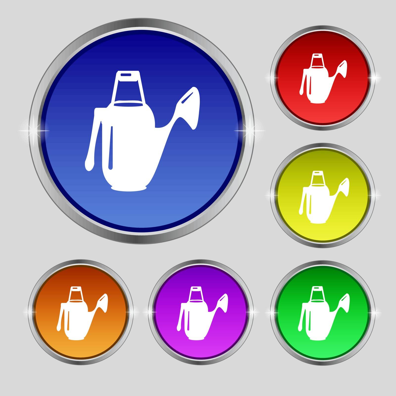 Watering can icon sign. Round symbol on bright colourful buttons. Vector by serhii_lohvyniuk