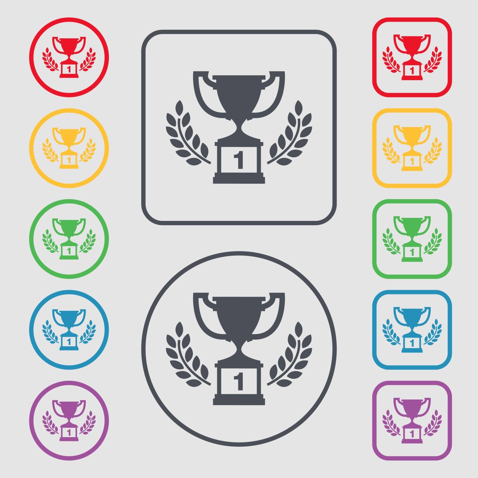 Champions cup, Trophy icon sign. symbol on the Round and square buttons with frame. Vector by serhii_lohvyniuk